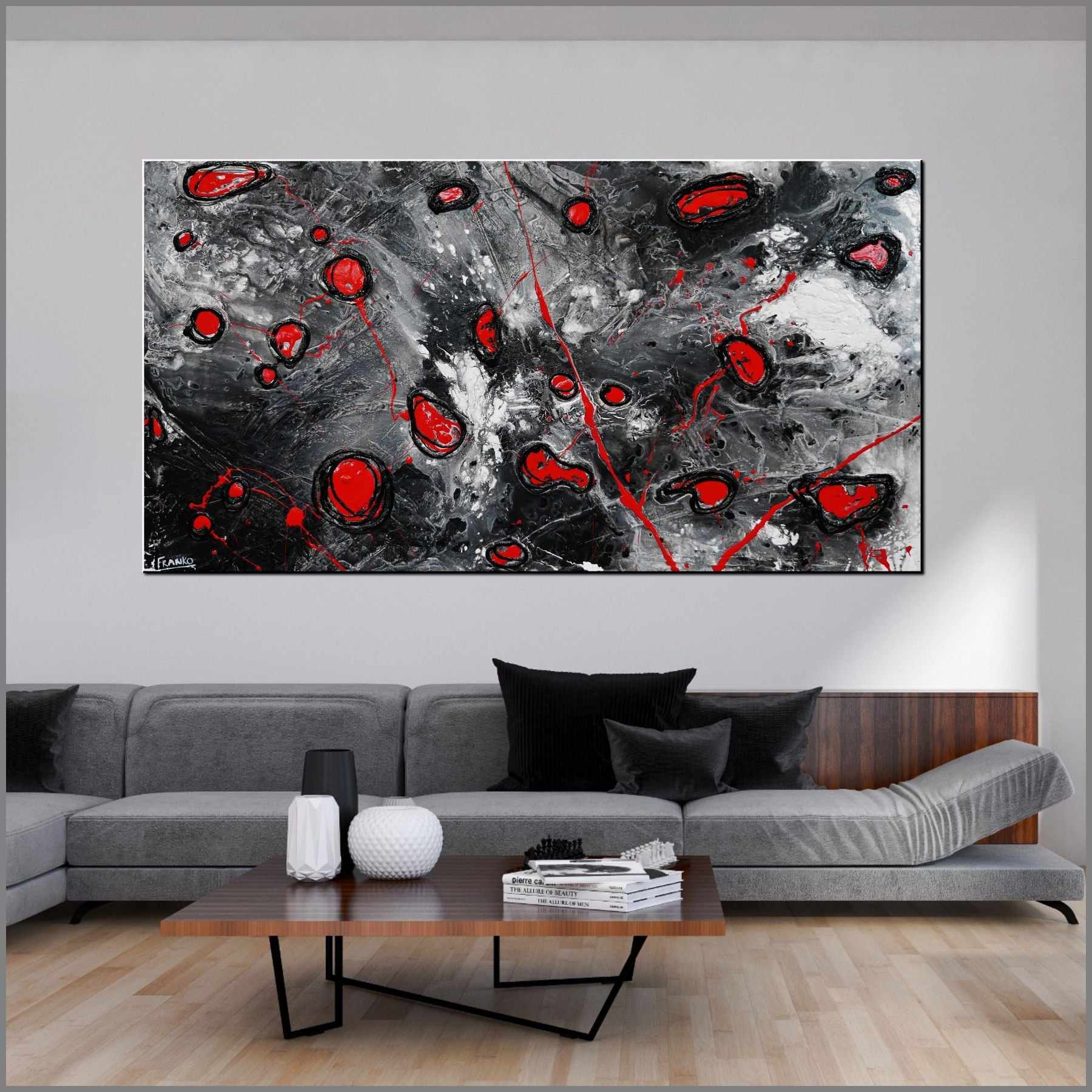 Red Pools 190cm x 100cm Grey Red Textured Abstract Painting (SOLD)-Abstract-[Franko_Artist]-[Australian_artist]-[Gold_Coast]-[Brisbane]-[modern]-[contemporary]-[original]-[Large_artwork]-[The_Block]-[Dream_Homes]-[ideas]-[Grand_Designs]-[Art_Lover]-Franklin Art Studio
