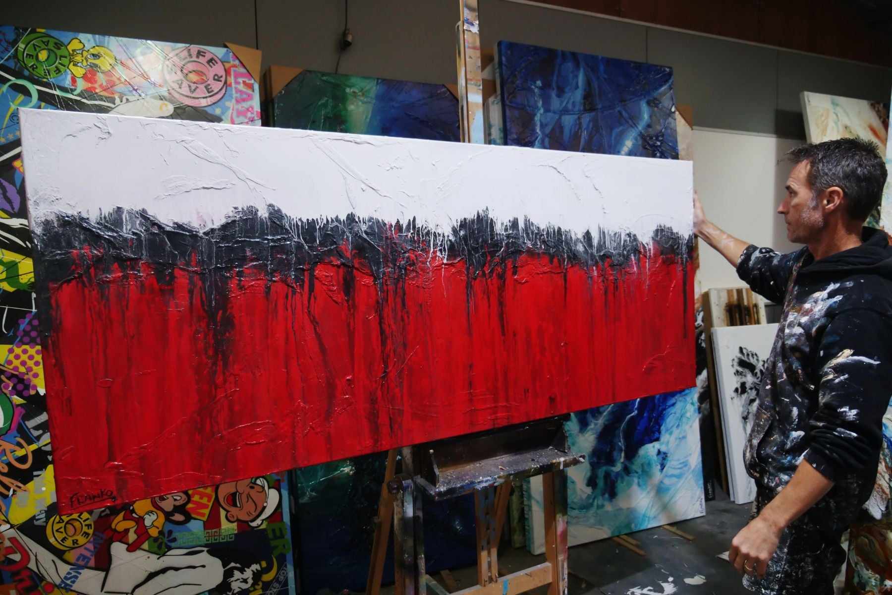 Red Raw 200cm x 80cm Red White Textured Abstract Painting (SOLD)-Abstract-[Franko_Artist]-[The_Block]-[Dream_Homes]-[ideas]- [Grand_Designs]-Franklin Art Studio