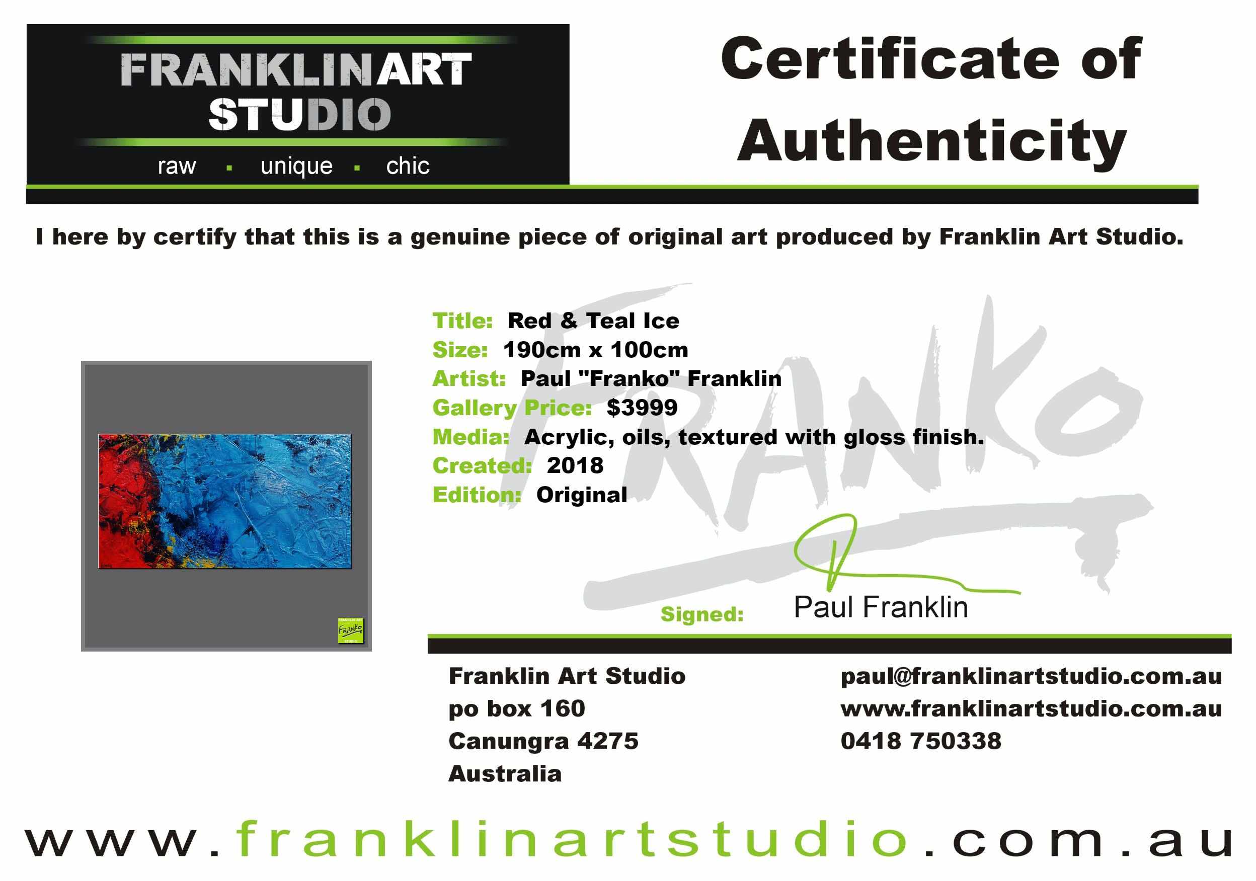 Red & Teal Ice 190cm x 100cm Blue Red Textured Abstract Painting (SOLD)-Abstract-[Franko_Artist]-[The_Block]-[Dream_Homes]-[ideas]-[Grand_Designs]-[Art_Lover]-Franklin Art Studio