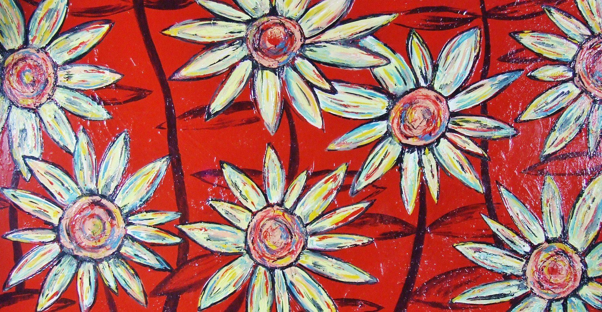Red With Passion and Flowers 190cm x 100cm Sun Flowers Red Painting (SOLD)-people-[Franko_Artist]-[Australian_artist]-[Gold_Coast]-[Brisbane]-[modern]-[contemporary]-[original]-[Large_artwork]-Franklin Art Studio