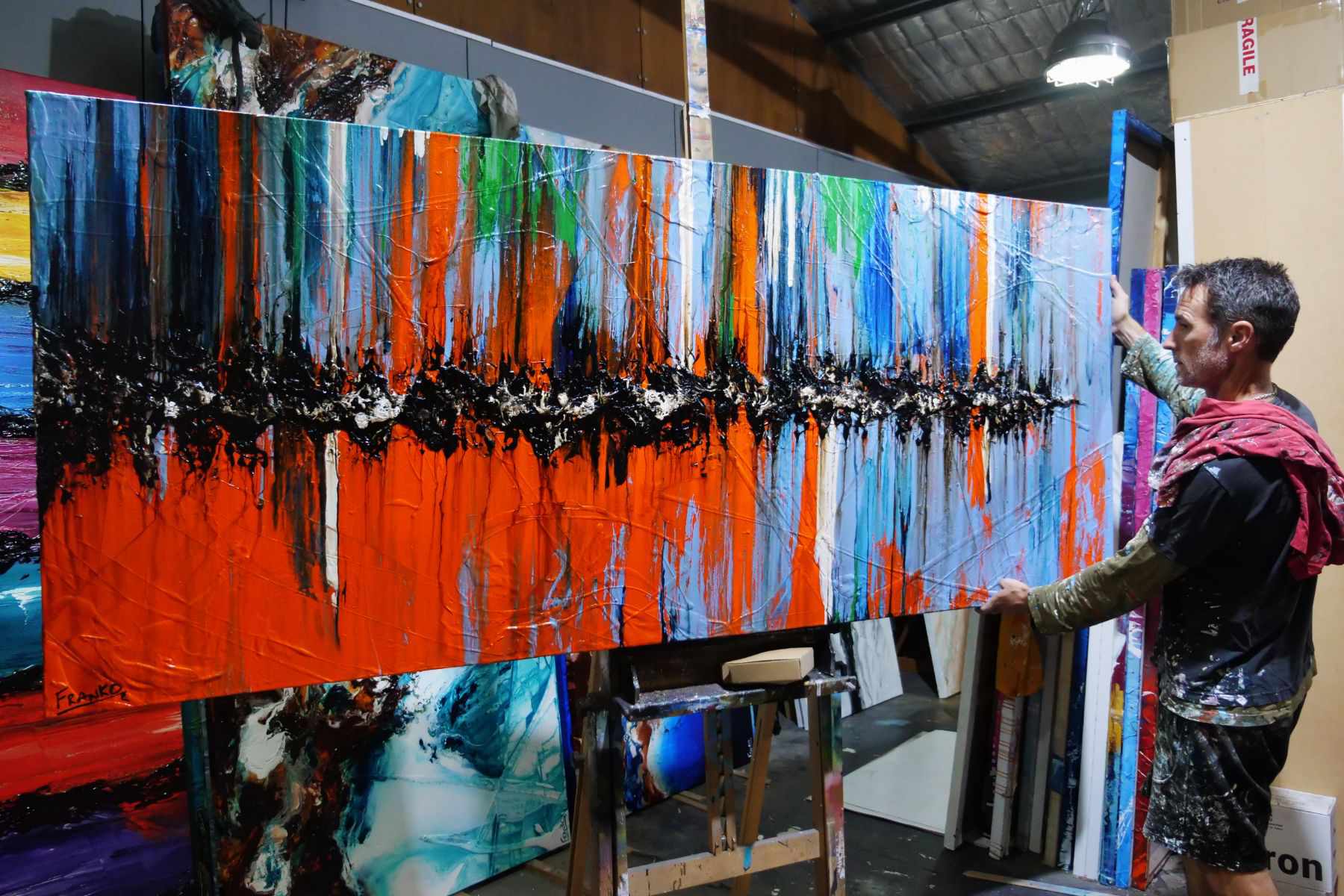 Reflections 240cm x 100cm Orange Blue Textured Abstract Painting (SOLD)-Abstract-[Franko_Artist]-[The_Block]-[Dream_Homes]-[ideas]- [Grand_Designs]-Franklin Art Studio