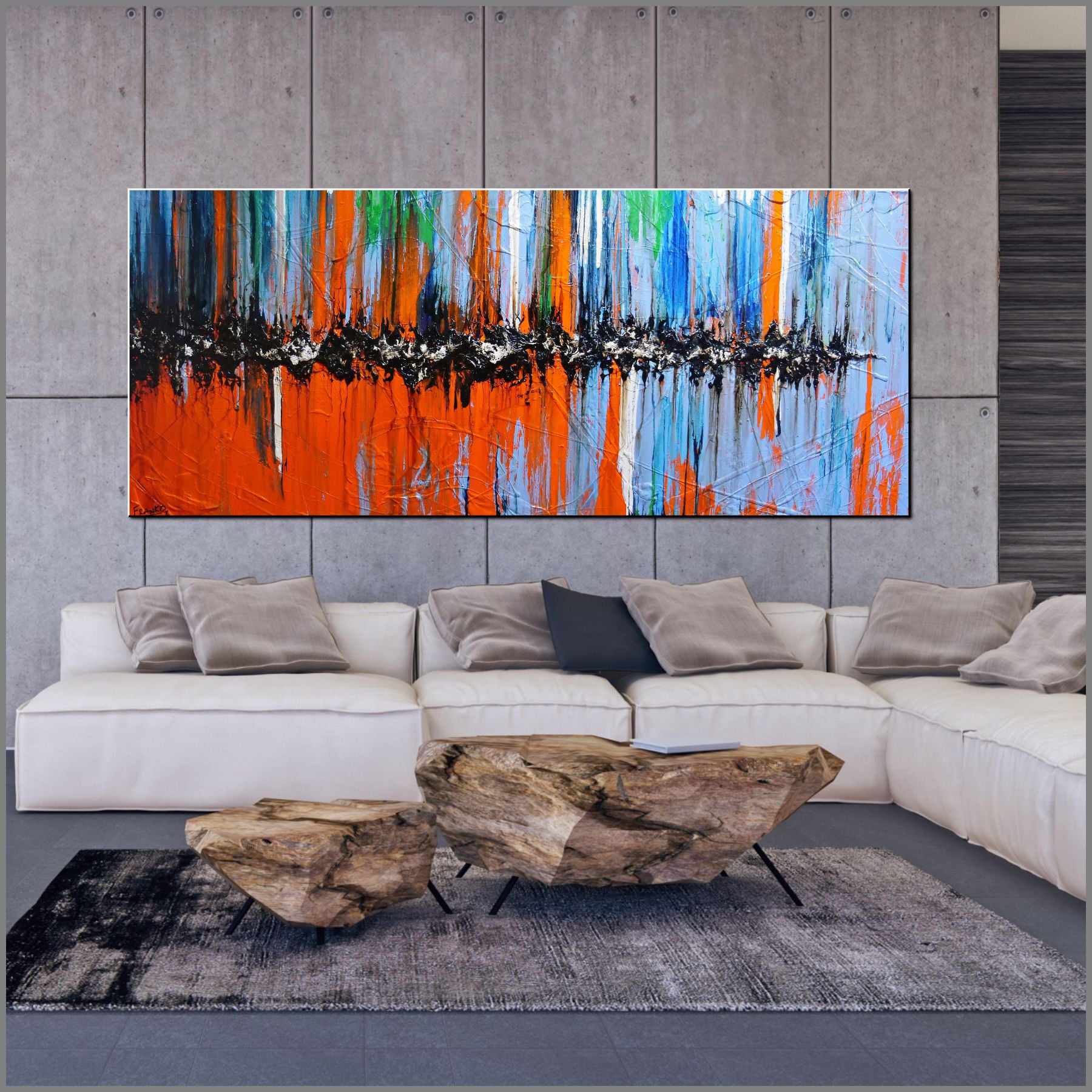 Reflections 240cm x 100cm Orange Blue Textured Abstract Painting (SOLD)-Abstract-[Franko_Artist]-[Australian_artist]-[Gold_Coast]-[Brisbane]-[modern]-[contemporary]-[original]-[Large_artwork]-[The_Block]-[Dream_Homes]-[ideas]-[Grand_Designs]-[Art_Lover]-Franklin Art Studio