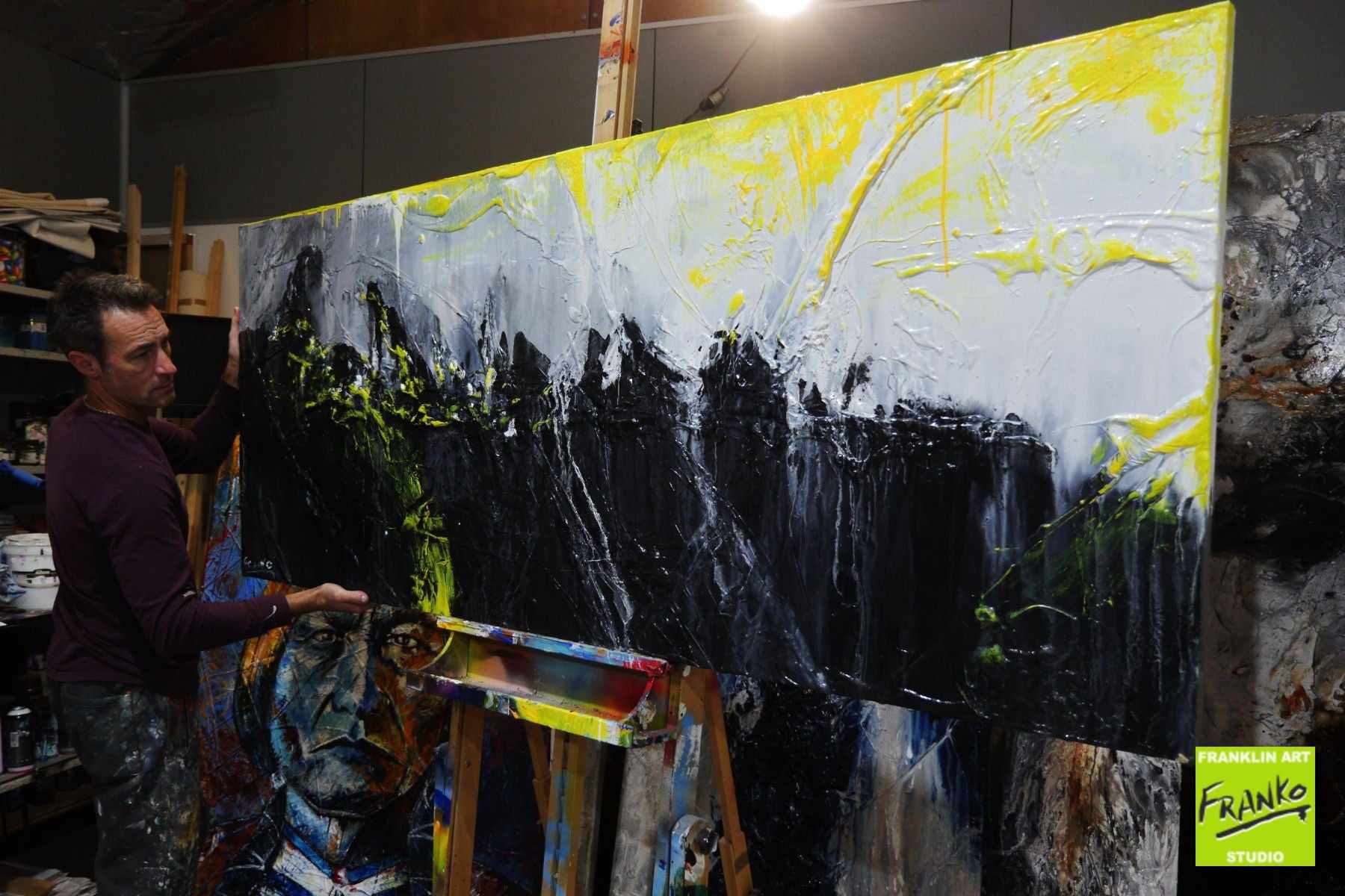 Retrofaction 200cm x 80cm Grey Black Neon Yellow Textured Abstract Painting (SOLD)-Abstract-[Franko_Artist]-[The_Block]-[Dream_Homes]-[ideas]- [Grand_Designs]-Franklin Art Studio