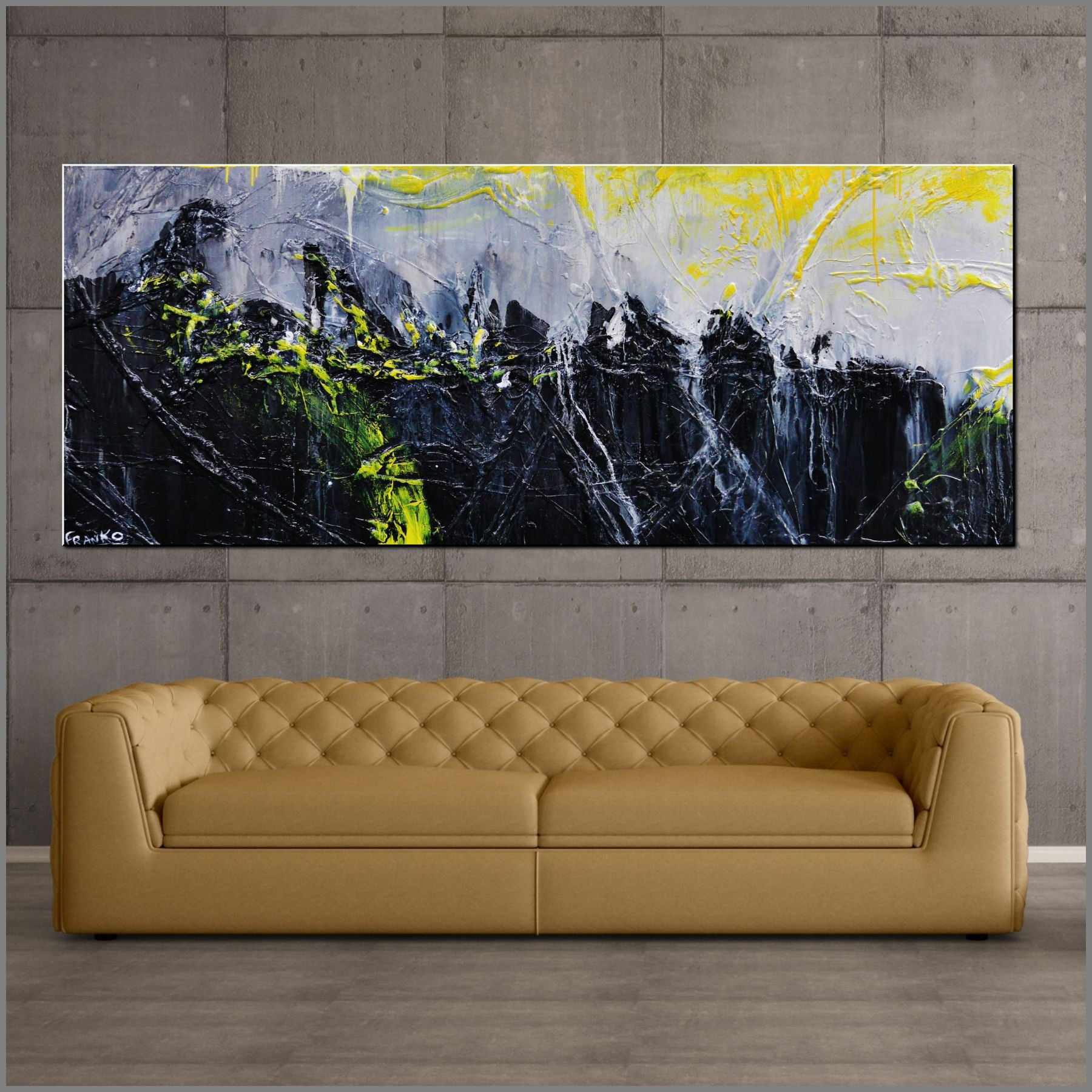 Retrofaction 200cm x 80cm Grey Black Neon Yellow Textured Abstract Painting (SOLD)-Abstract-[Franko_Artist]-[Australian_artist]-[Gold_Coast]-[Brisbane]-[modern]-[contemporary]-[original]-[Large_artwork]-[The_Block]-[Dream_Homes]-[ideas]-[Grand_Designs]-[Art_Lover]-Franklin Art Studio