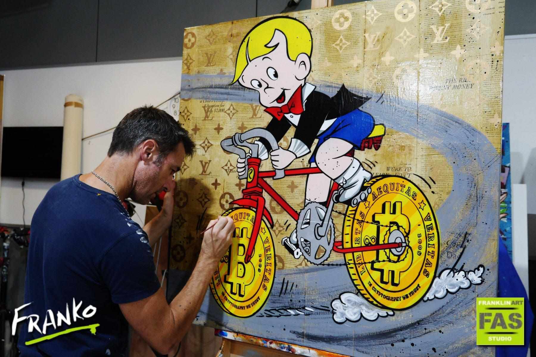 Riding Right Along 100cm x 100cm Richie Rich Bitcoin (SOLD)-bitcoin themed-[Franko_Artist]-[The_Block]-[Dream_Homes]-[ideas]- [Grand_Designs]-Franklin Art Studio