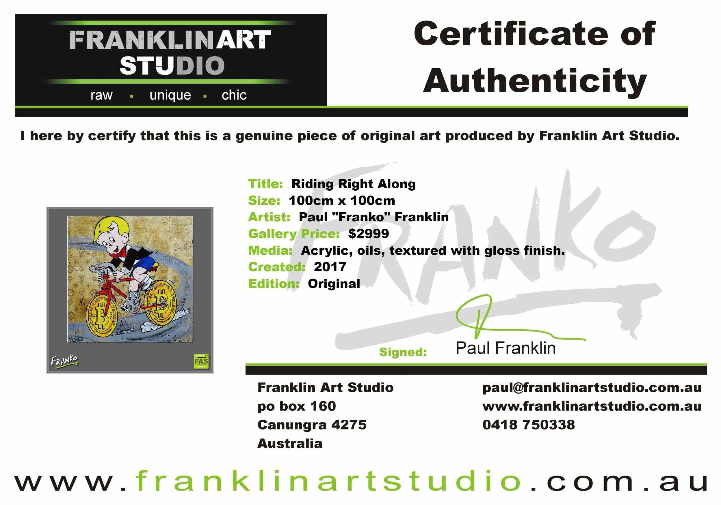 Riding Right Along 100cm x 100cm Richie Rich Bitcoin (SOLD)-bitcoin themed-[Franko_Artist]-[The_Block]-[Dream_Homes]-[ideas]-[Grand_Designs]-[Art_Lover]-Franklin Art Studio