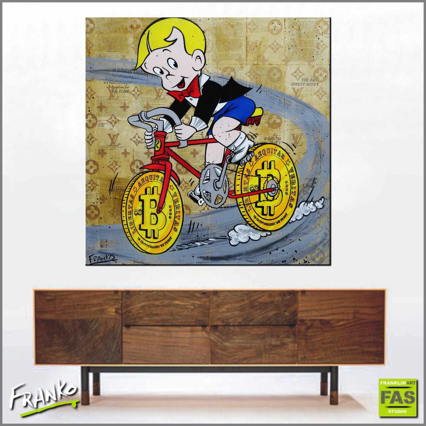 Riding Right Along 100cm x 100cm Richie Rich Bitcoin (SOLD)-bitcoin themed-[Franko_Artist]-[Australian_artist]-[Gold_Coast]-[Brisbane]-[modern]-[contemporary]-[original]-[Large_artwork]-[The_Block]-[Dream_Homes]-[ideas]-[Grand_Designs]-[Art_Lover]-Franklin Art Studio