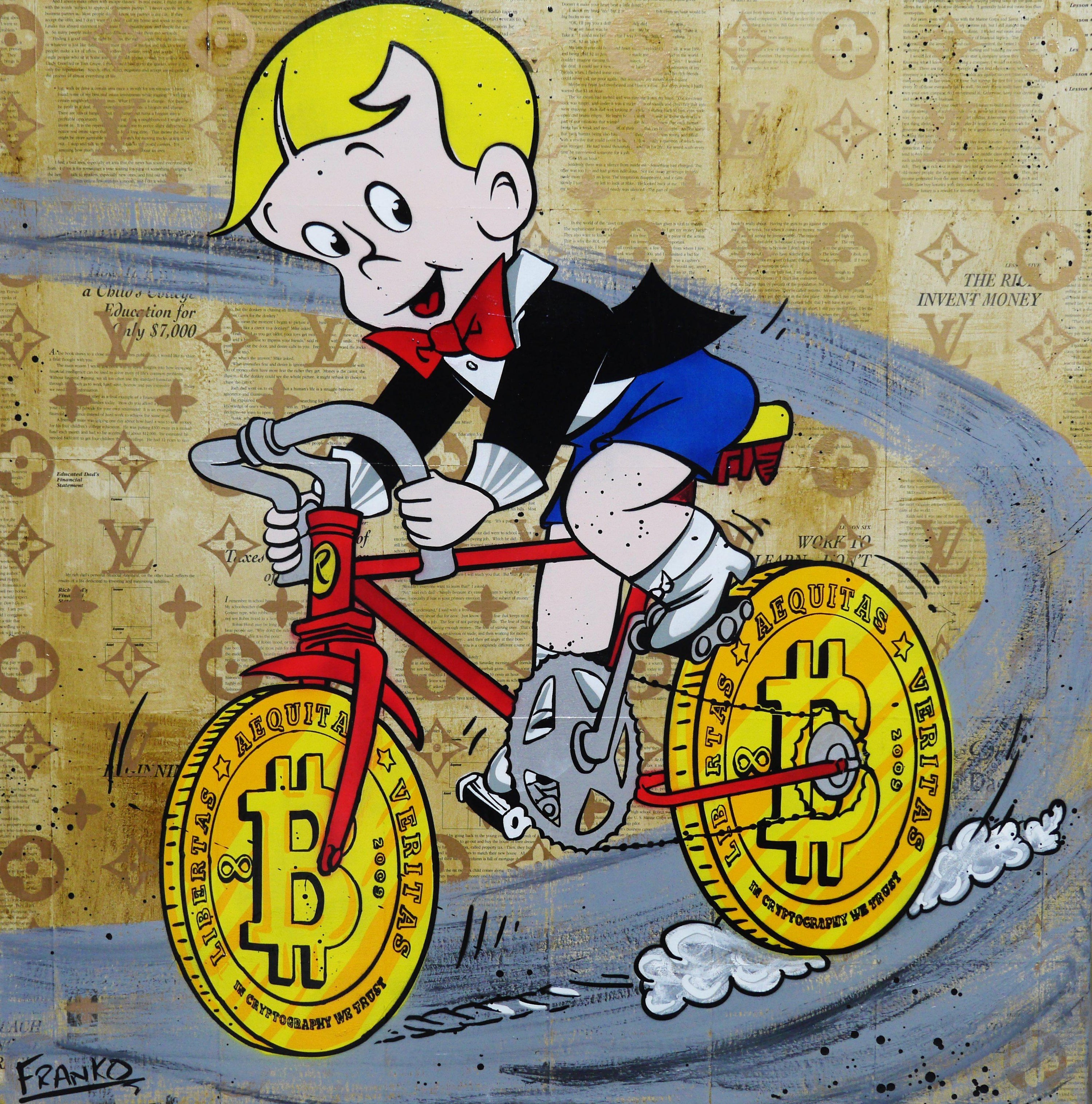 Riding Right Along 100cm x 100cm Richie Rich Bitcoin (SOLD)-bitcoin themed-[Franko_Artist]-[Australian_artist]-[Gold_Coast]-[Brisbane]-[modern]-[contemporary]-[original]-[Large_artwork]-Franklin Art Studio