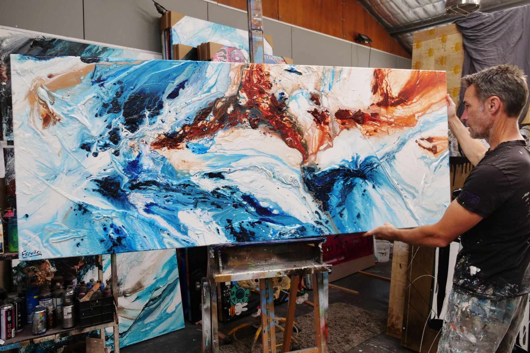 Rock and Ice 200cm x 80cm Blue Oxide White Textured Abstract Painting (SOLD)-Abstract-[Franko_Artist]-[The_Block]-[Dream_Homes]-[ideas]-[Grand_Designs]-[Art_Lover]-Franklin Art Studio