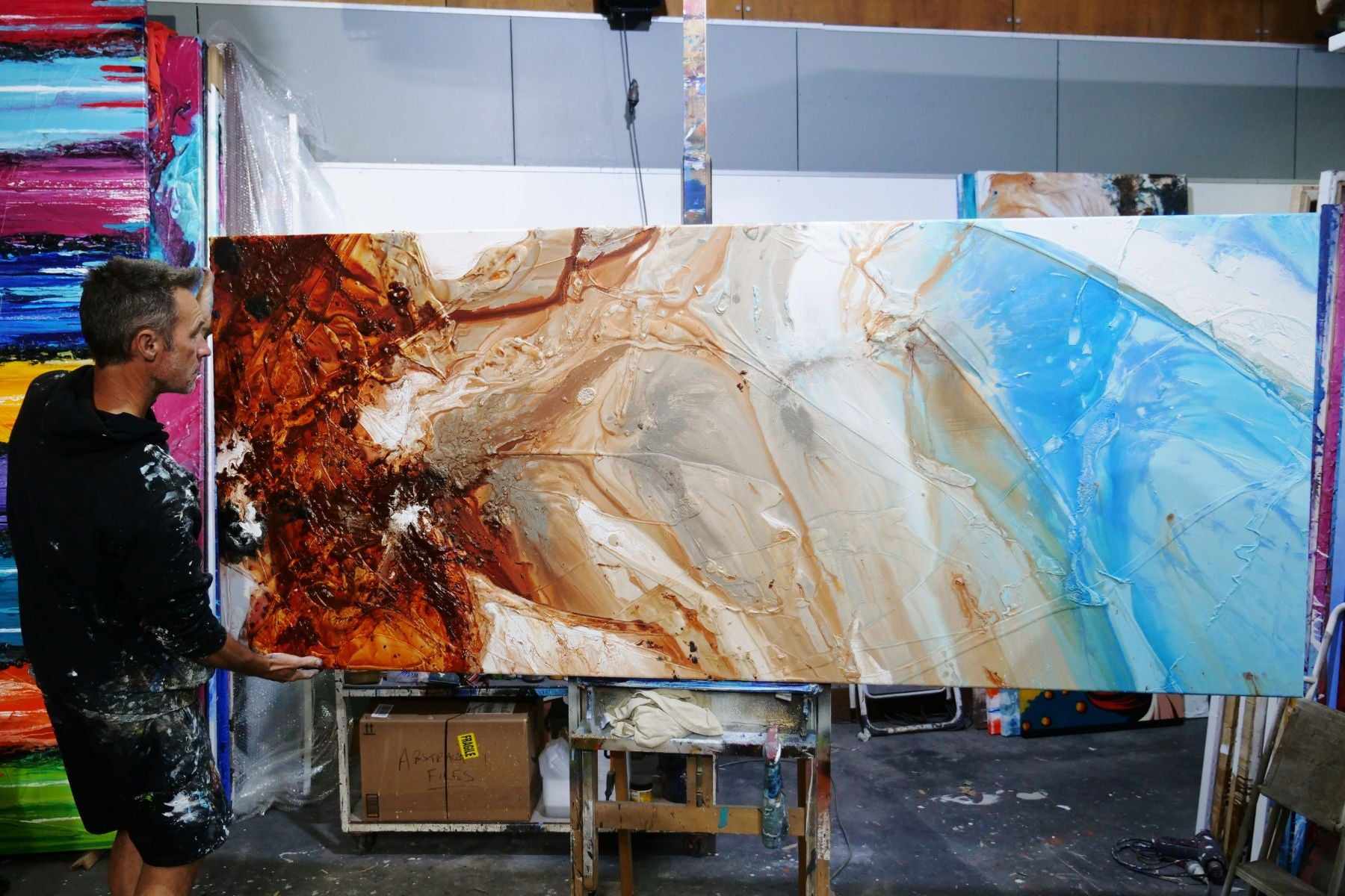 Rock to Ocean 240cm x 100cm Malt Blue Oxide Textured Abstract Painting (SOLD)-Abstract-[Franko_Artist]-[The_Block]-[Dream_Homes]-[ideas]- [Grand_Designs]-Franklin Art Studio