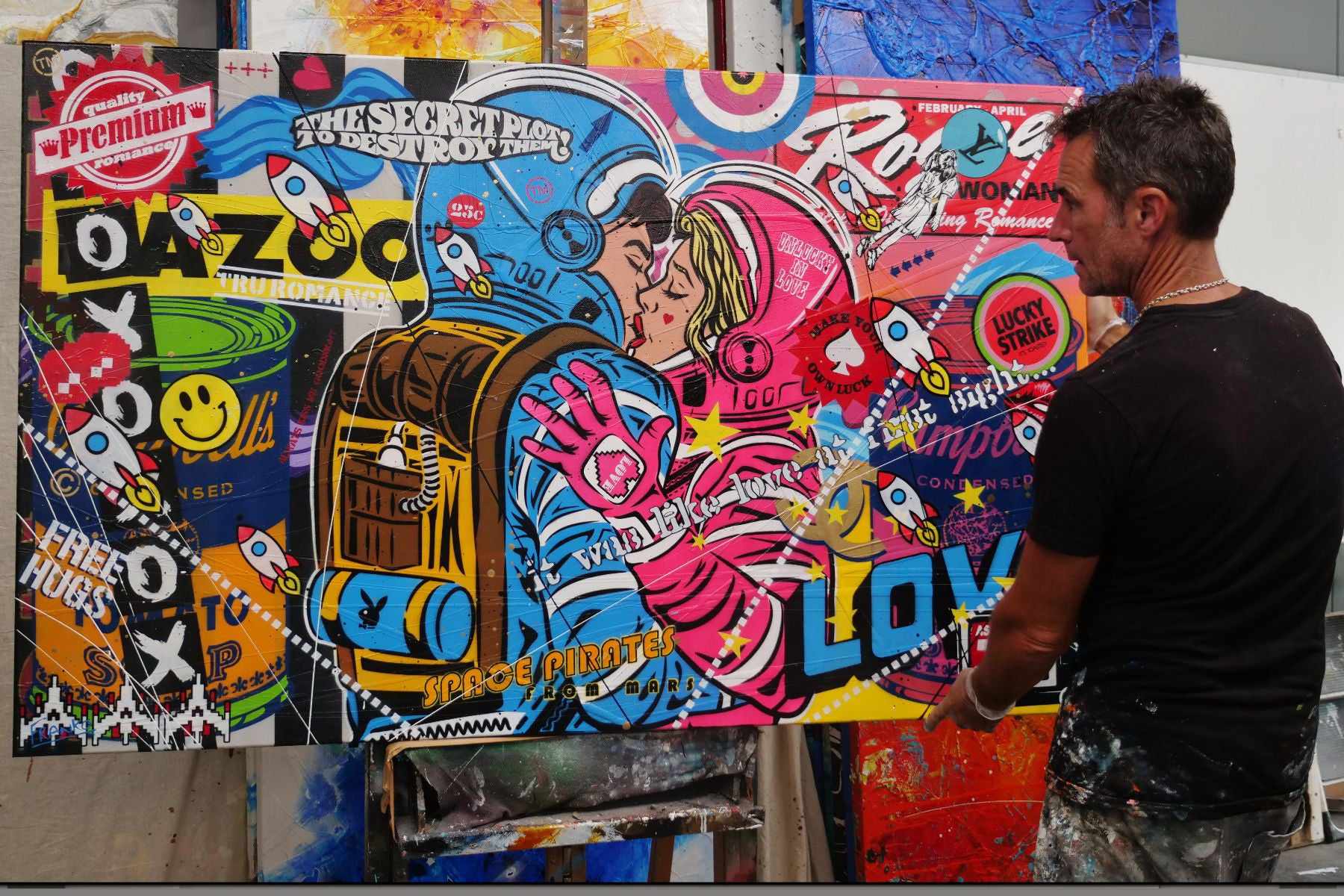 Rogue Love 160cm x 100cm Space Cadets Kissing Textured Urban Pop Art Painting (SOLD)-Urban Pop Art-[Franko_Artist]-[The_Block]-[Dream_Homes]-[ideas]- [Grand_Designs]-Franklin Art Studio