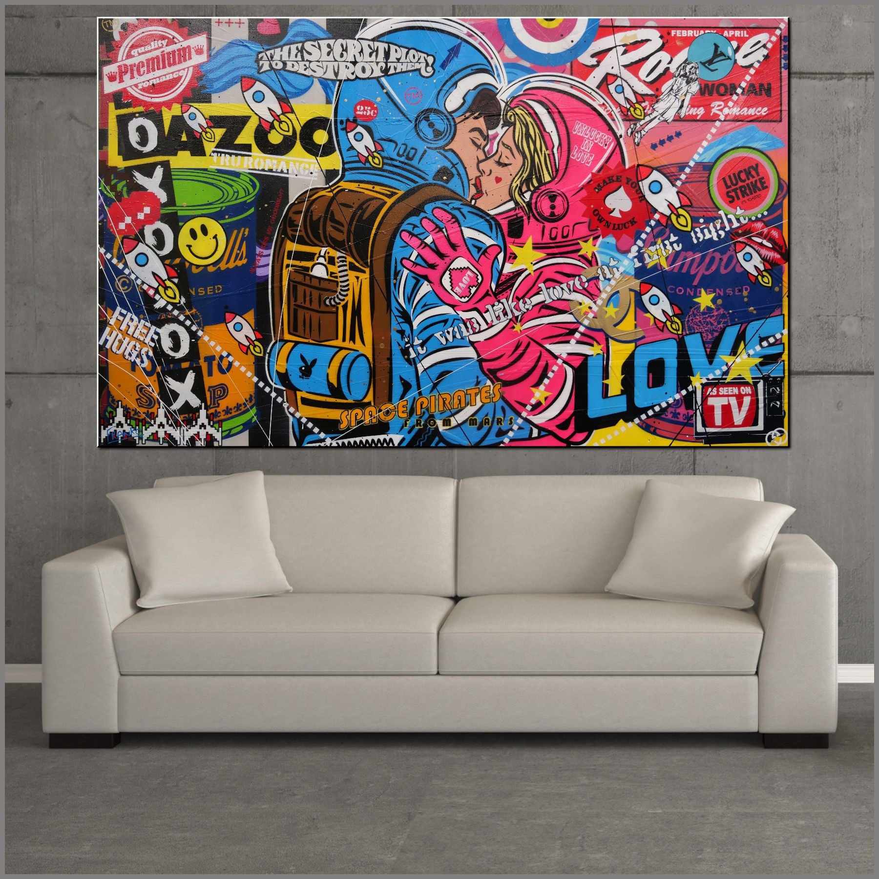 Rogue Love 160cm x 100cm Space Cadets Kissing Textured Urban Pop Art Painting (SOLD)-Urban Pop Art-[Franko_Artist]-[Australian_artist]-[Gold_Coast]-[Brisbane]-[modern]-[contemporary]-[original]-[Large_artwork]-[The_Block]-[Dream_Homes]-[ideas]-[Grand_Designs]-[Art_Lover]-Franklin Art Studio