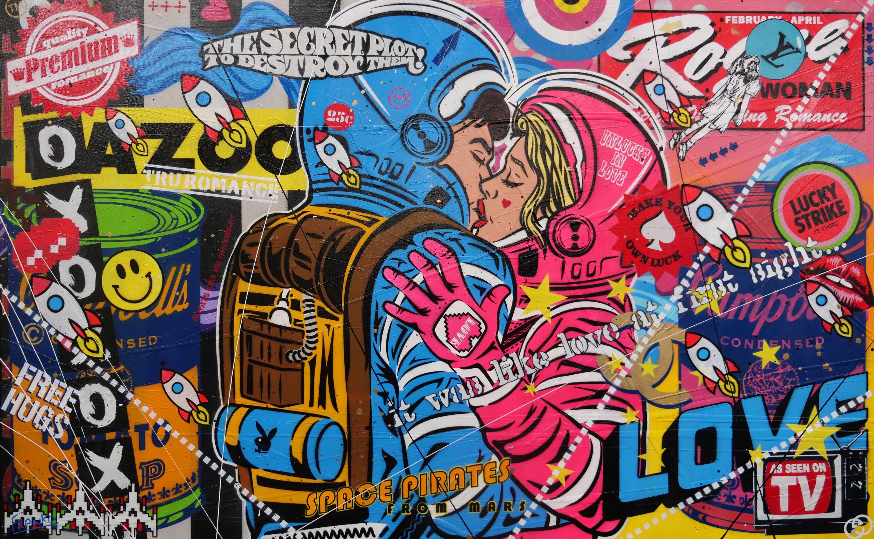Rogue Love 160cm x 100cm Space Cadets Kissing Textured Urban Pop Art Painting (SOLD)-Urban Pop Art-[Franko_Artist]-[Australian_artist]-[Gold_Coast]-[Brisbane]-[modern]-[contemporary]-[original]-[Large_artwork]-Franklin Art Studio