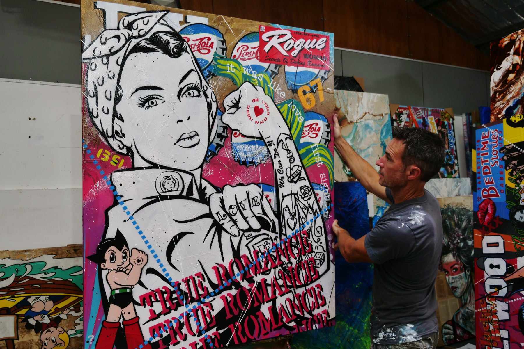 Rosie Romancing 120cm x 150cm Rosie The Riveter Textured Urban Pop Art Painting (SOLD)-Urban Pop Art-[Franko_Artist]-[The_Block]-[Dream_Homes]-[ideas]- [Grand_Designs]-Franklin Art Studio