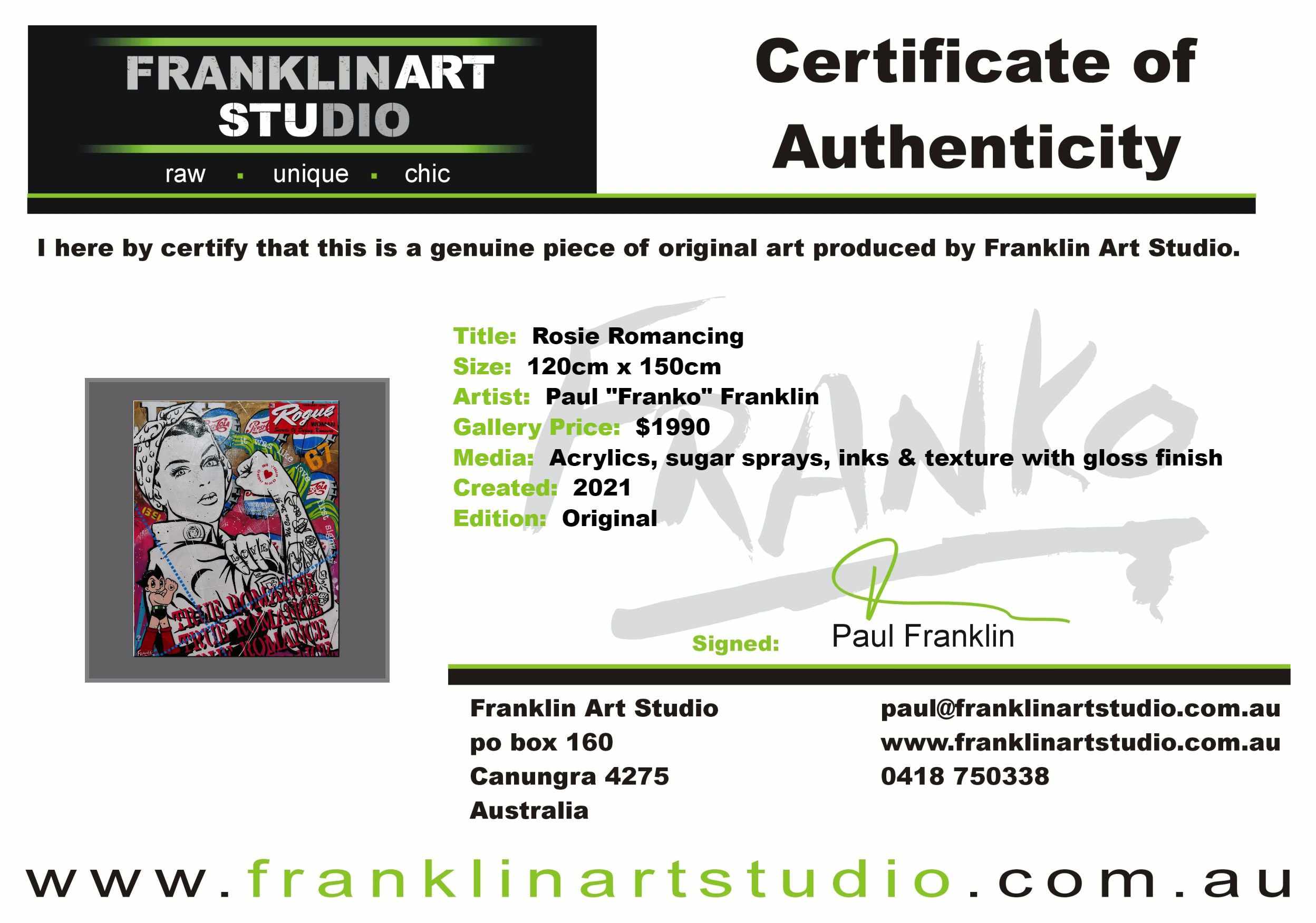 Rosie Romancing 120cm x 150cm Rosie The Riveter Textured Urban Pop Art Painting (SOLD)-Urban Pop Art-[Franko_Artist]-[The_Block]-[Dream_Homes]-[ideas]-[Grand_Designs]-[Art_Lover]-Franklin Art Studio