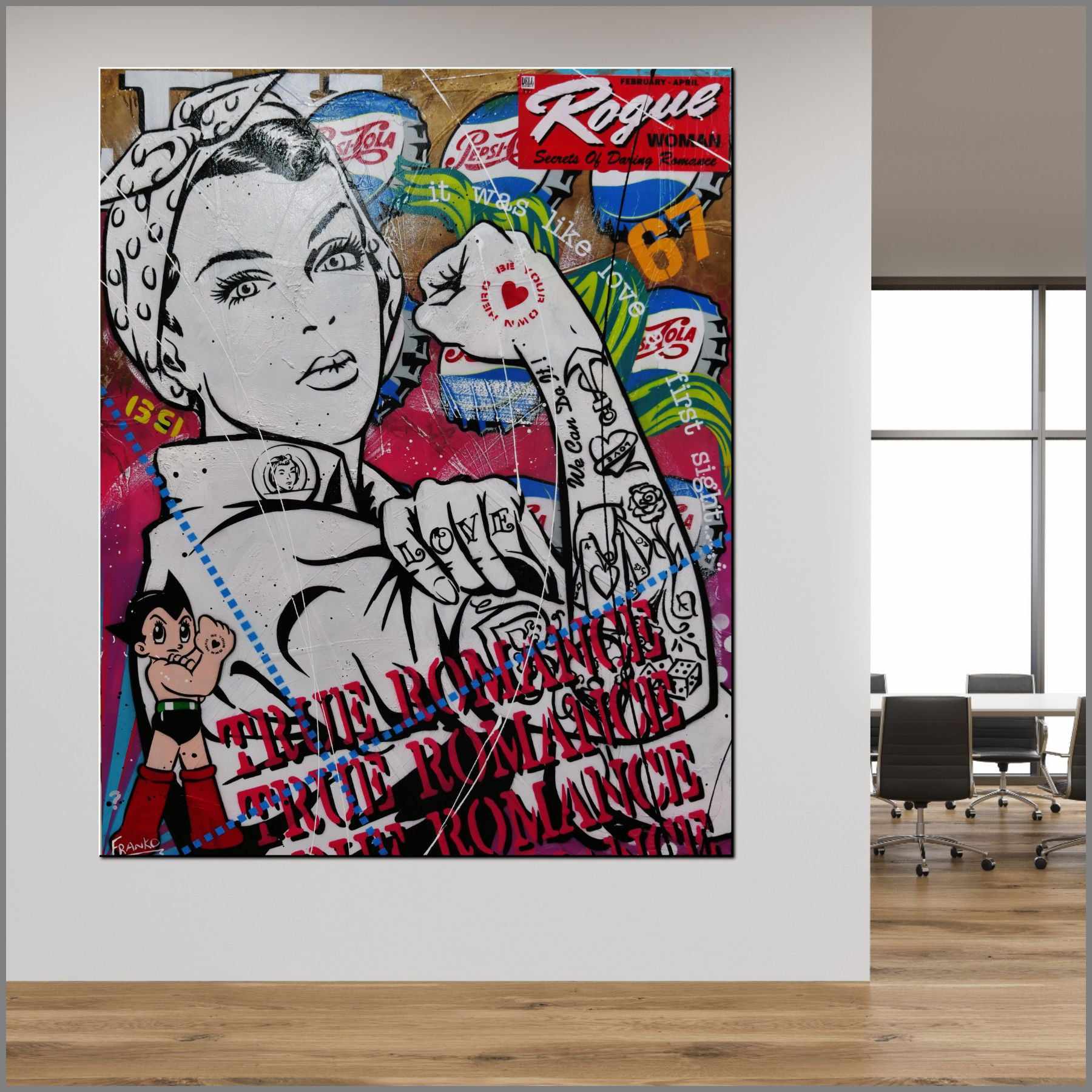 Rosie Romancing 120cm x 150cm Rosie The Riveter Textured Urban Pop Art Painting (SOLD)-Urban Pop Art-[Franko_Artist]-[Australian_artist]-[Gold_Coast]-[Brisbane]-[modern]-[contemporary]-[original]-[Large_artwork]-[The_Block]-[Dream_Homes]-[ideas]-[Grand_Designs]-[Art_Lover]-Franklin Art Studio