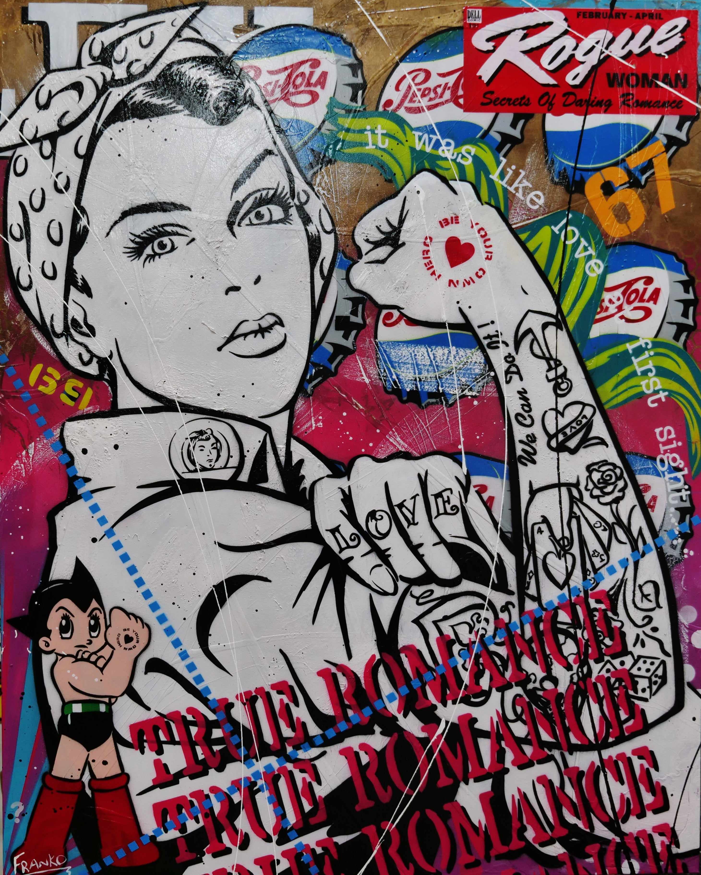 Rosie Romancing 120cm x 150cm Rosie The Riveter Textured Urban Pop Art Painting (SOLD)-Urban Pop Art-[Franko_Artist]-[Australian_artist]-[Gold_Coast]-[Brisbane]-[modern]-[contemporary]-[original]-[Large_artwork]-Franklin Art Studio
