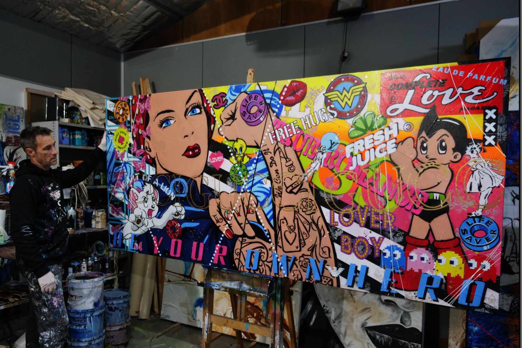 Rosie's Complete Love 270cm x 120cm Rosie The Riveter Textured Urban Pop Art Painting (SOLD)-Urban Pop Art-[Franko_Artist]-[The_Block]-[Dream_Homes]-[ideas]- [Grand_Designs]-Franklin Art Studio