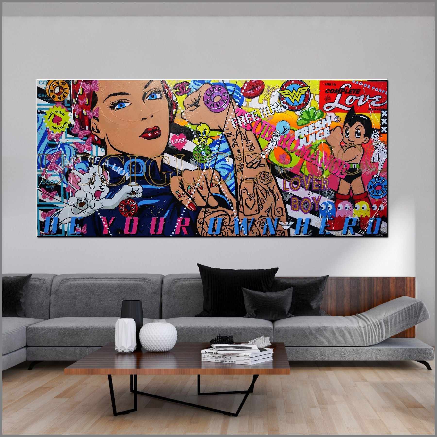 Rosie's Complete Love 270cm x 120cm Rosie The Riveter Textured Urban Pop Art Painting (SOLD)-Urban Pop Art-[Franko_Artist]-[Australian_artist]-[Gold_Coast]-[Brisbane]-[modern]-[contemporary]-[original]-[Large_artwork]-[The_Block]-[Dream_Homes]-[ideas]-[Grand_Designs]-[Art_Lover]-Franklin Art Studio
