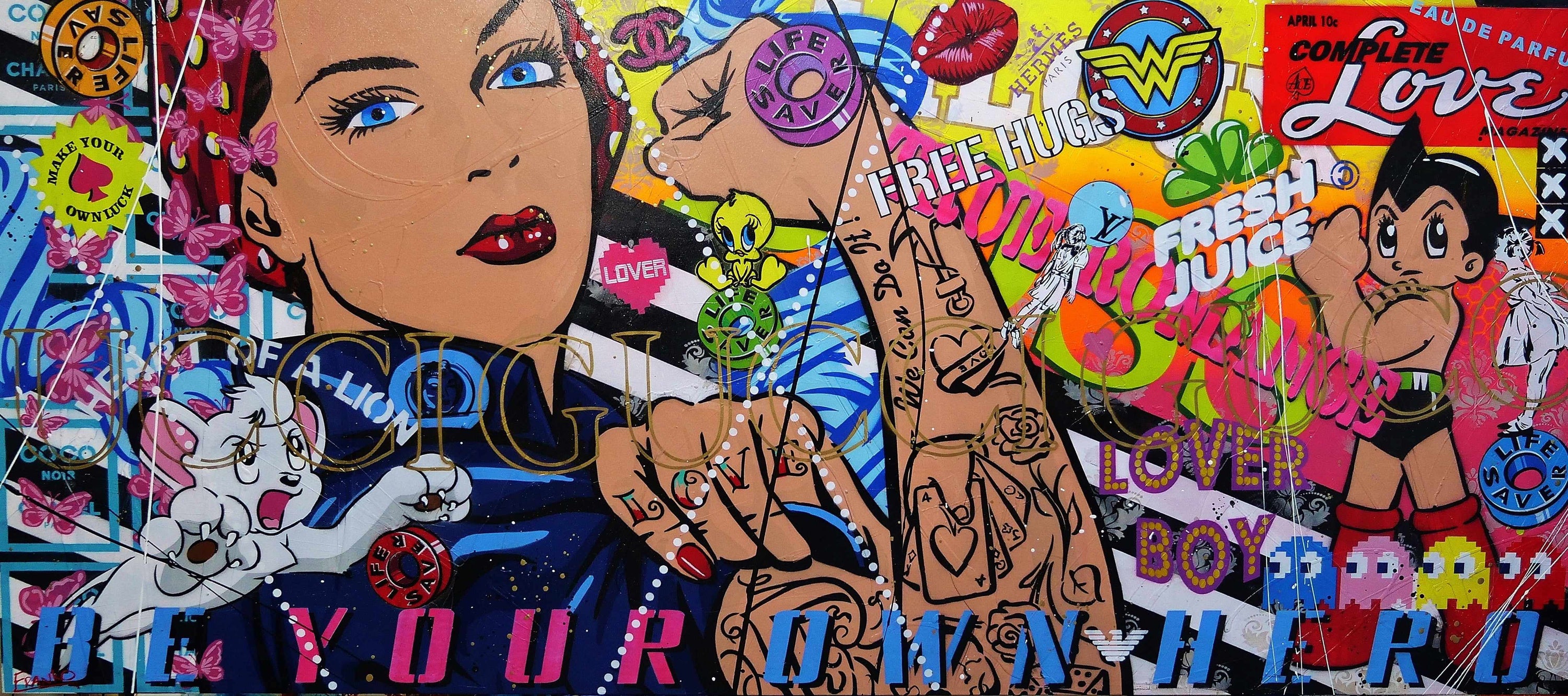 Rosie's Complete Love 270cm x 120cm Rosie The Riveter Textured Urban Pop Art Painting (SOLD)-Urban Pop Art-[Franko_Artist]-[Australian_artist]-[Gold_Coast]-[Brisbane]-[modern]-[contemporary]-[original]-[Large_artwork]-Franklin Art Studio