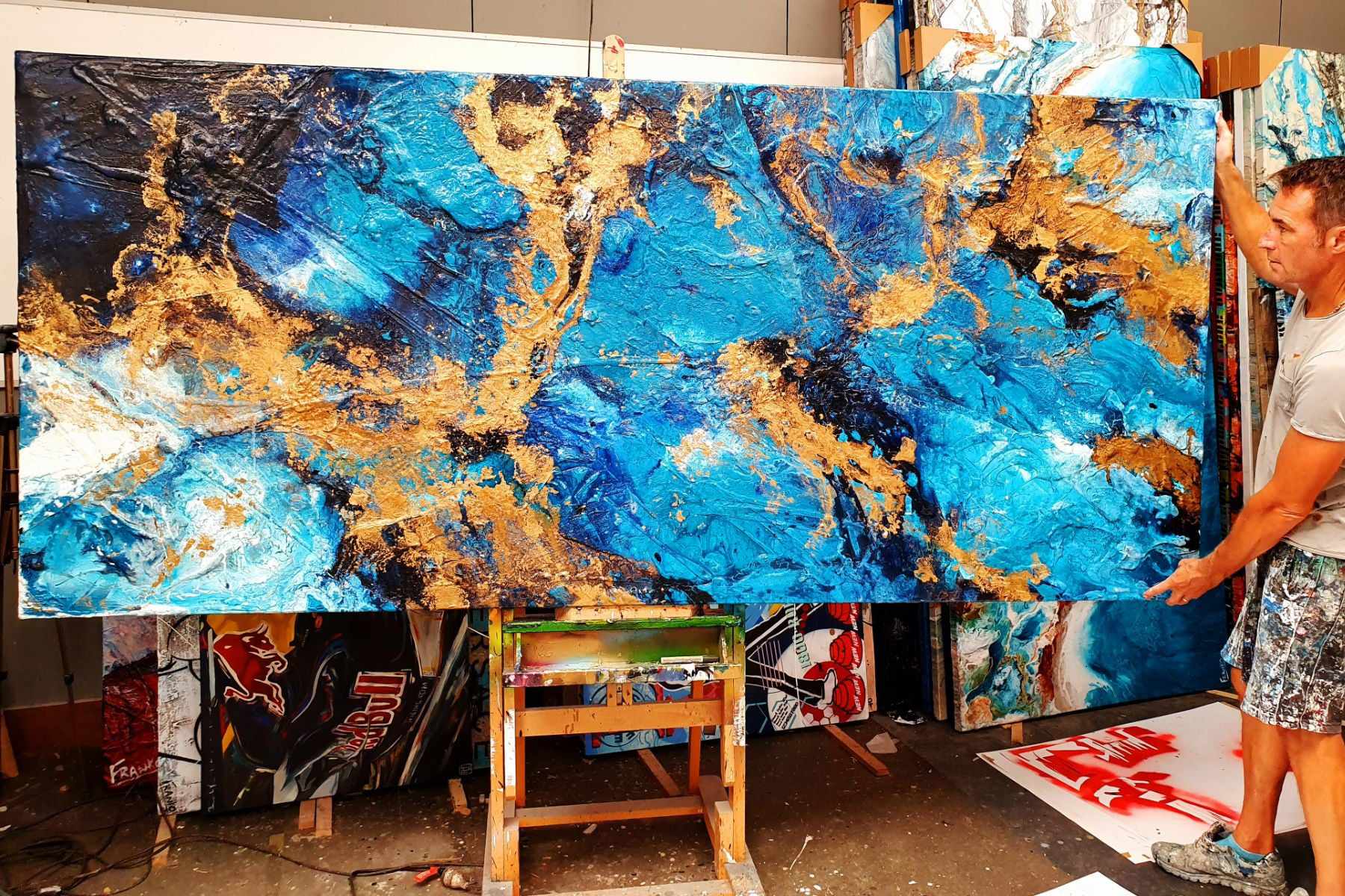 Royalty 270cm x 120cm Turquoise Metallic Gold Textured Abstract Painting (SOLD)-Abstract-[Franko_Artist]-[The_Block]-[Dream_Homes]-[ideas]- [Grand_Designs]-Franklin Art Studio