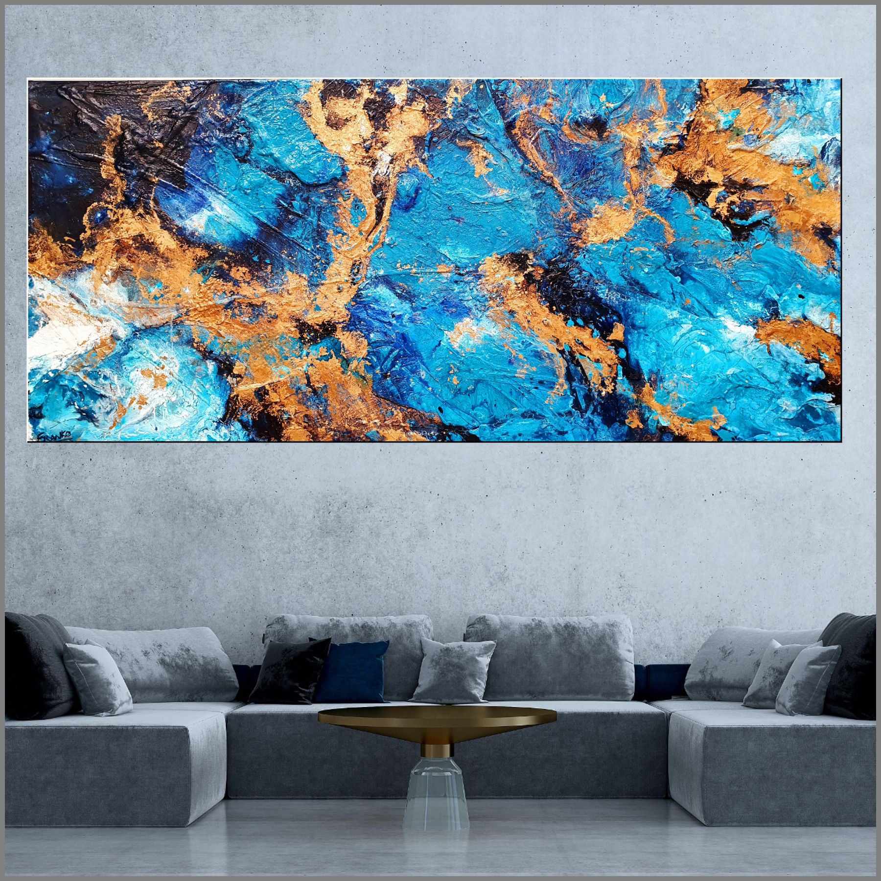 Royalty 270cm x 120cm Turquoise Metallic Gold Textured Abstract Painting (SOLD)-Abstract-[Franko_Artist]-[Australian_artist]-[Gold_Coast]-[Brisbane]-[modern]-[contemporary]-[original]-[Large_artwork]-[The_Block]-[Dream_Homes]-[ideas]-[Grand_Designs]-[Art_Lover]-Franklin Art Studio
