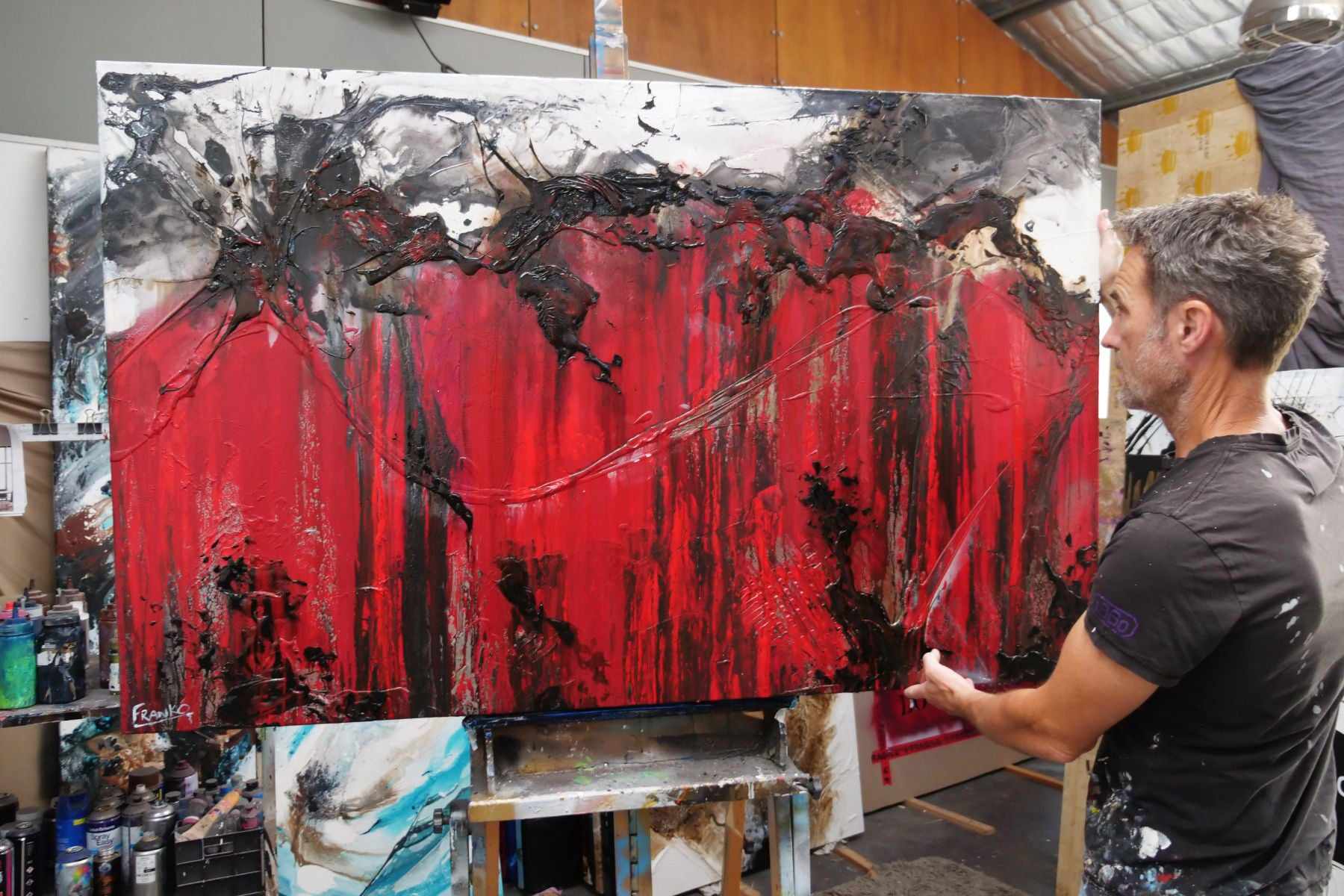 Rubine Steel 160cm x 100cm Red Black Textured Abstract Painting (SOLD)-Abstract-[Franko_Artist]-[The_Block]-[Dream_Homes]-[ideas]-[Grand_Designs]-[Art_Lover]-Franklin Art Studio