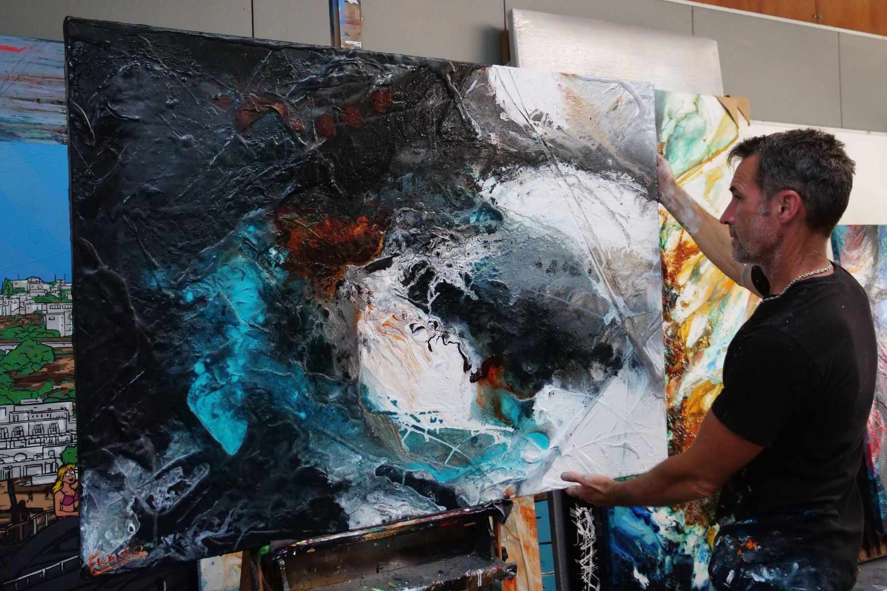 Rusted Aqua 140cm x 100cm Aqua Black Textured Abstract Painting (SOLD)-Abstract-[Franko_Artist]-[The_Block]-[Dream_Homes]-[ideas]- [Grand_Designs]-Franklin Art Studio