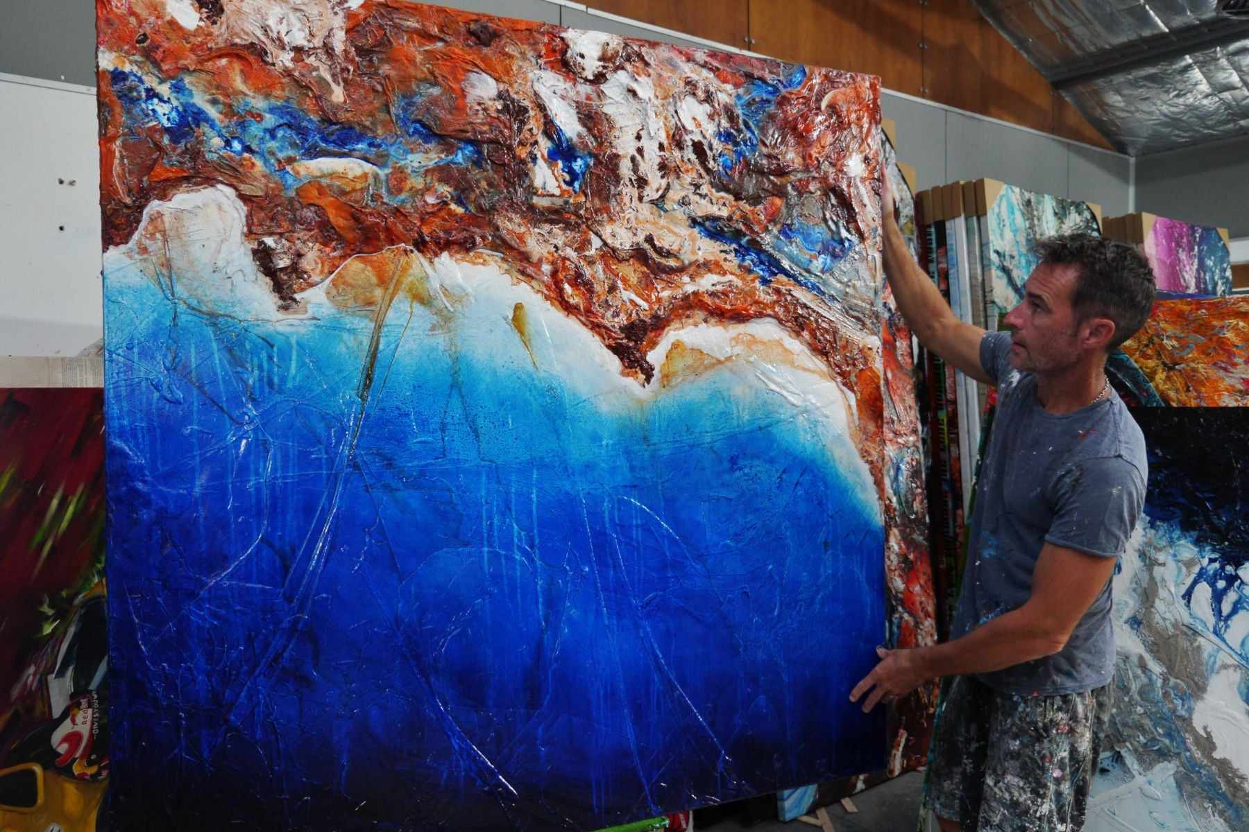 Rusted Coast 150cm x 150cm Blue Orange Textured Abstract Painting (SOLD)-Abstract-[Franko_Artist]-[The_Block]-[Dream_Homes]-[ideas]- [Grand_Designs]-Franklin Art Studio