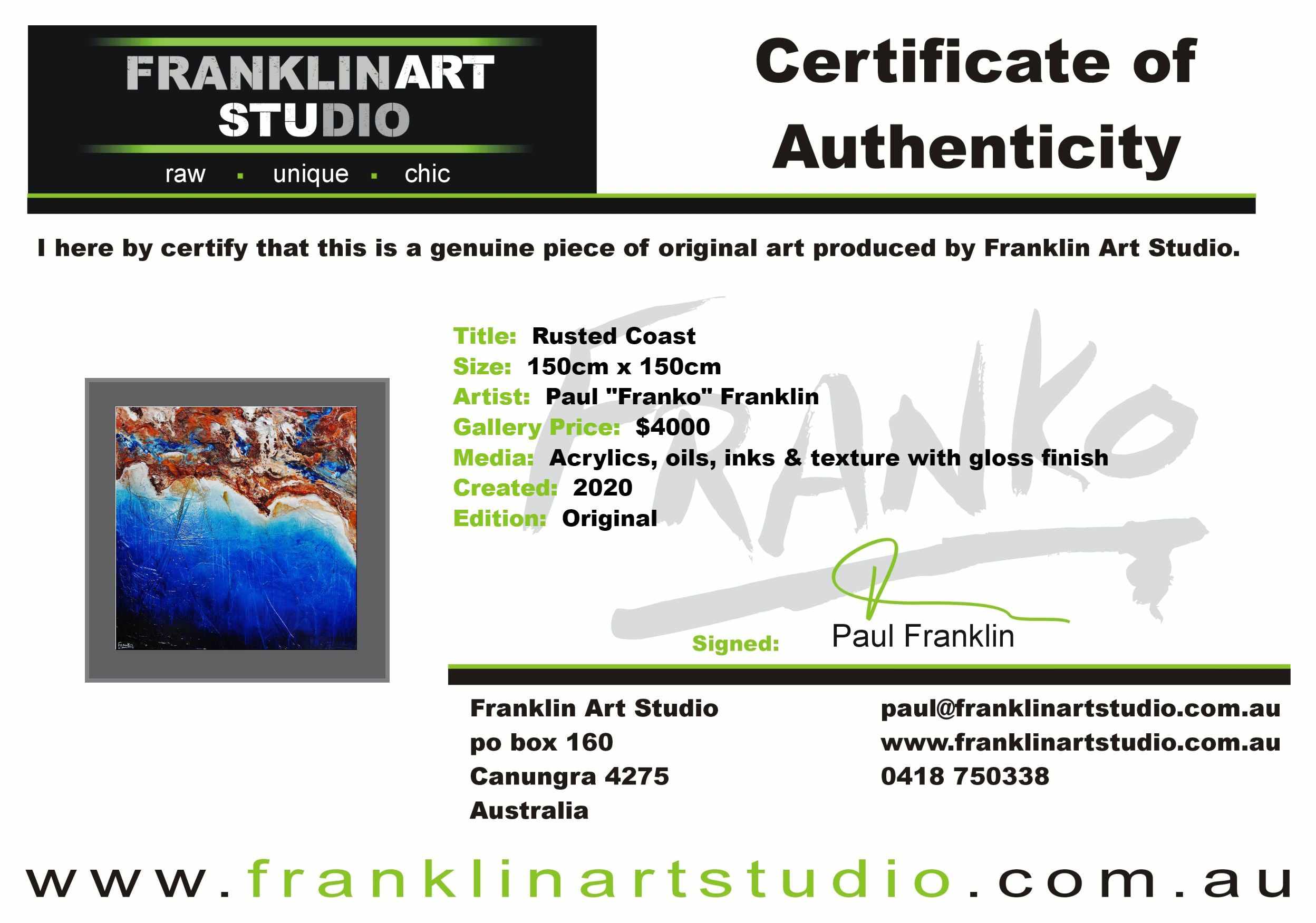 Rusted Coast 150cm x 150cm Blue Orange Textured Abstract Painting (SOLD)-Abstract-[Franko_Artist]-[The_Block]-[Dream_Homes]-[ideas]-[Grand_Designs]-[Art_Lover]-Franklin Art Studio