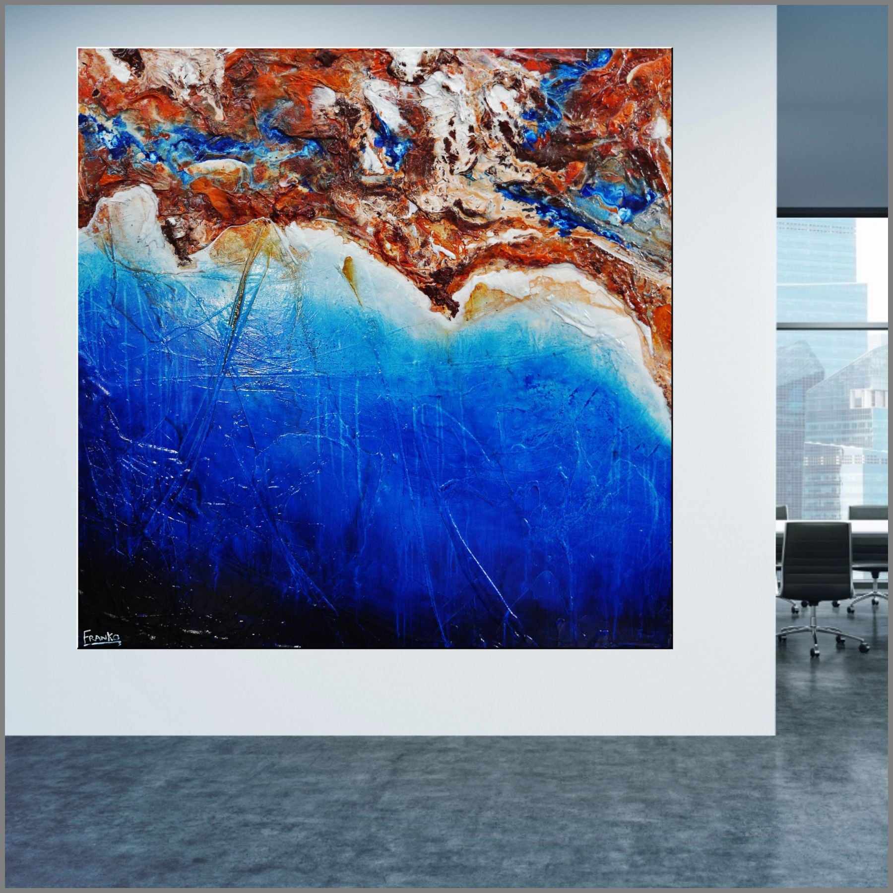 Rusted Coast 150cm x 150cm Blue Orange Textured Abstract Painting (SOLD)-Abstract-[Franko_Artist]-[Australian_artist]-[Gold_Coast]-[Brisbane]-[modern]-[contemporary]-[original]-[Large_artwork]-[The_Block]-[Dream_Homes]-[ideas]-[Grand_Designs]-[Art_Lover]-Franklin Art Studio