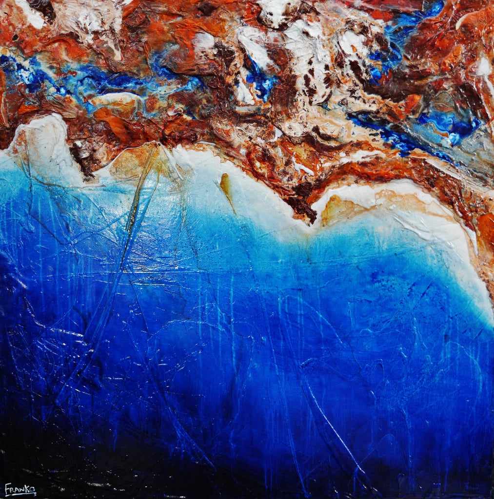 Rusted Coast 150cm x 150cm Blue Orange Textured Abstract Painting (SOLD)-Abstract-[Franko_Artist]-[Australian_artist]-[Gold_Coast]-[Brisbane]-[modern]-[contemporary]-[original]-[Large_artwork]-Franklin Art Studio