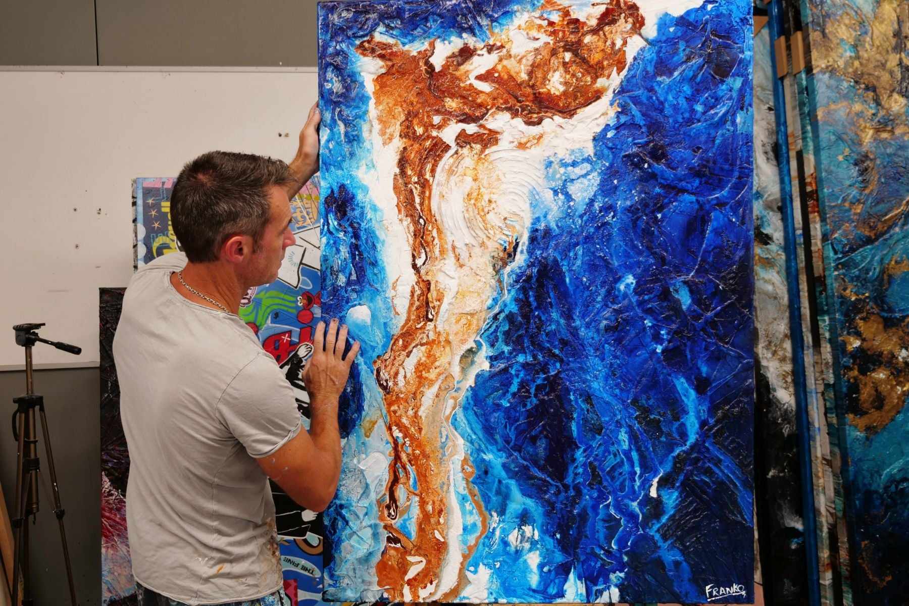 Rusted Embargo 140cm x 100cm Blue White Rust Textured Abstract Painting (SOLD)-Abstract-[Franko_Artist]-[The_Block]-[Dream_Homes]-[ideas]- [Grand_Designs]-Franklin Art Studio