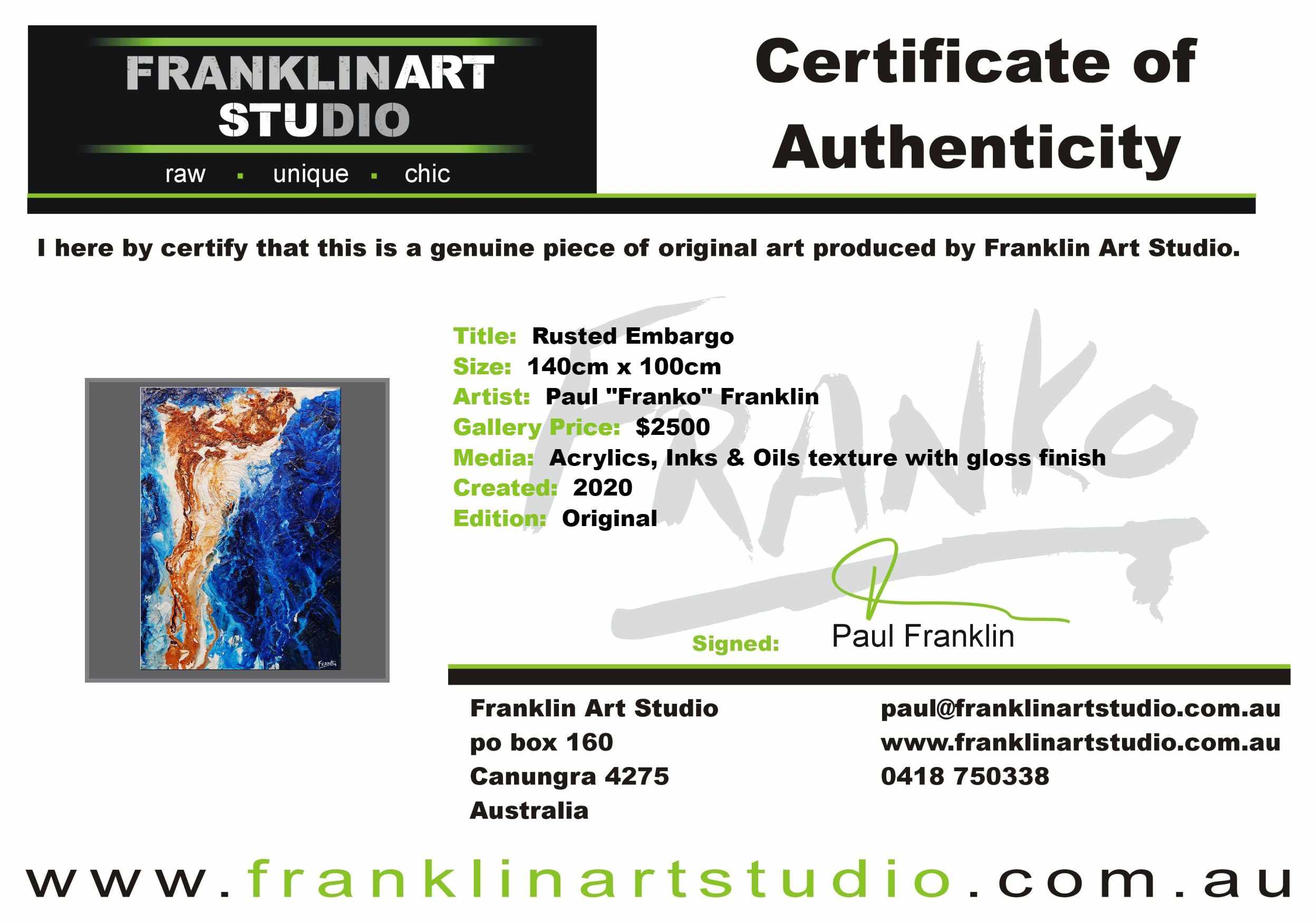 Rusted Embargo 140cm x 100cm Blue White Rust Textured Abstract Painting (SOLD)-Abstract-[Franko_Artist]-[The_Block]-[Dream_Homes]-[ideas]-[Grand_Designs]-[Art_Lover]-Franklin Art Studio