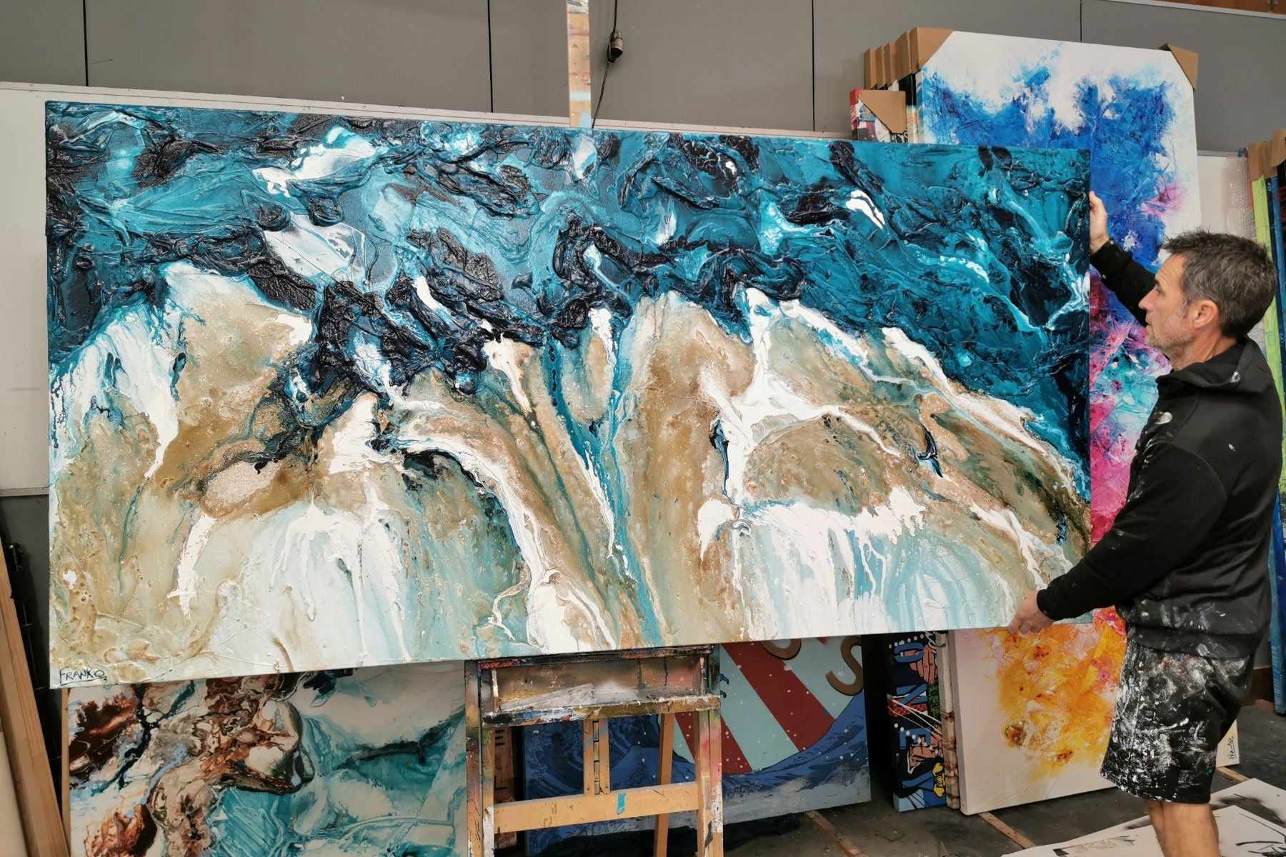 Rusted Honey Coast 240cm x 120cm Teal Cream Textured Abstract Painting (SOLD)-Abstract-[Franko_Artist]-[The_Block]-[Dream_Homes]-[ideas]- [Grand_Designs]-Franklin Art Studio