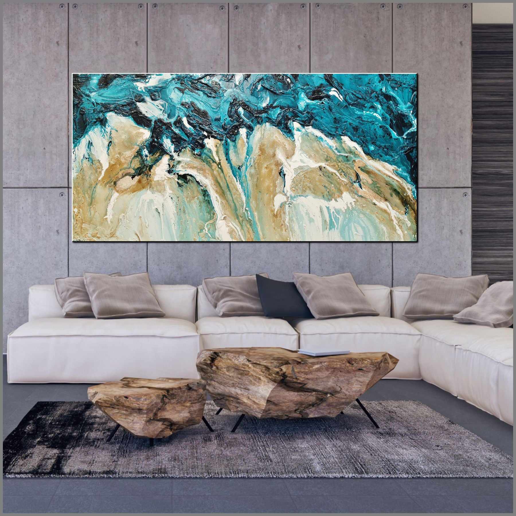Rusted Honey Coast 240cm x 120cm Teal Cream Textured Abstract Painting (SOLD)-Abstract-[Franko_Artist]-[Australian_artist]-[Gold_Coast]-[Brisbane]-[modern]-[contemporary]-[original]-[Large_artwork]-[The_Block]-[Dream_Homes]-[ideas]-[Grand_Designs]-[Art_Lover]-Franklin Art Studio