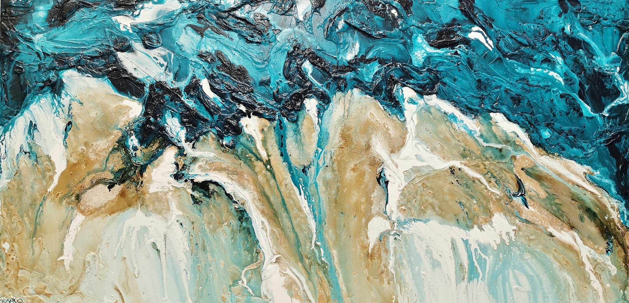 Rusted Honey Coast 240cm x 120cm Teal Cream Textured Abstract Painting (SOLD)-Abstract-[Franko_Artist]-[Australian_artist]-[Gold_Coast]-[Brisbane]-[modern]-[contemporary]-[original]-[Large_artwork]-Franklin Art Studio