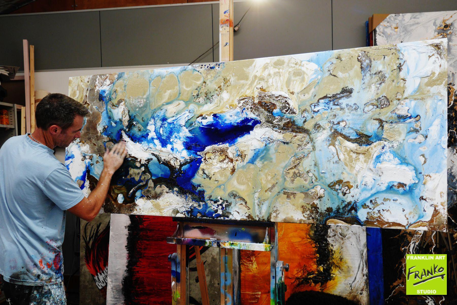 Rusted Lake 200cm x 80cm White Brown Blue Textured Abstract Painting (SOLD)-Abstract-[Franko_Artist]-[The_Block]-[Dream_Homes]-[ideas]- [Grand_Designs]-Franklin Art Studio