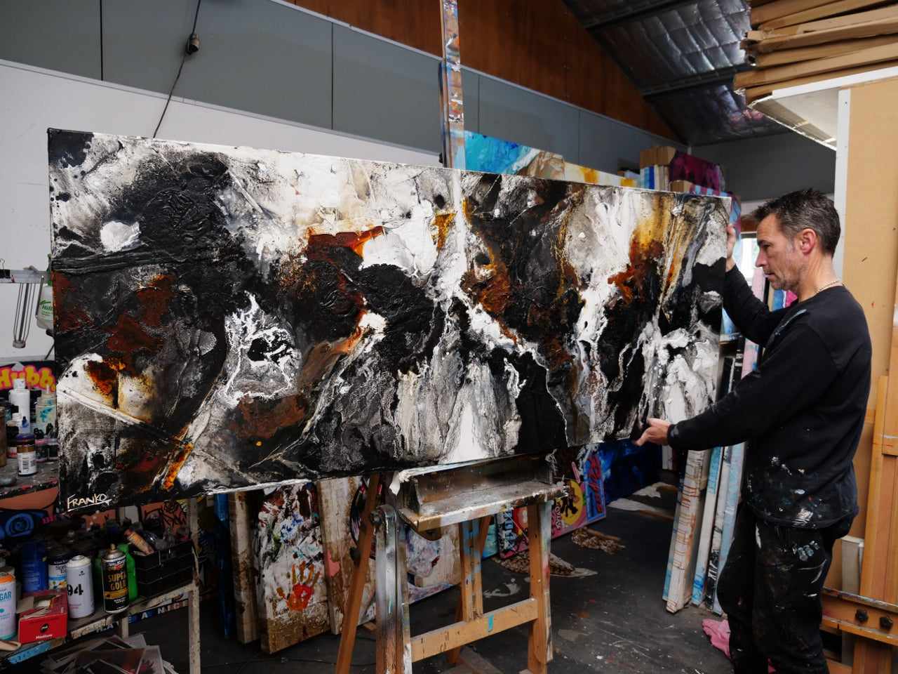 Rusted Tectonic 200cm x 80cm Black Rust Textured Abstract Painting (SOLD)-Abstract-[Franko_Artist]-[The_Block]-[Dream_Homes]-[ideas]-[Grand_Designs]-[Art_Lover]-Franklin Art Studio