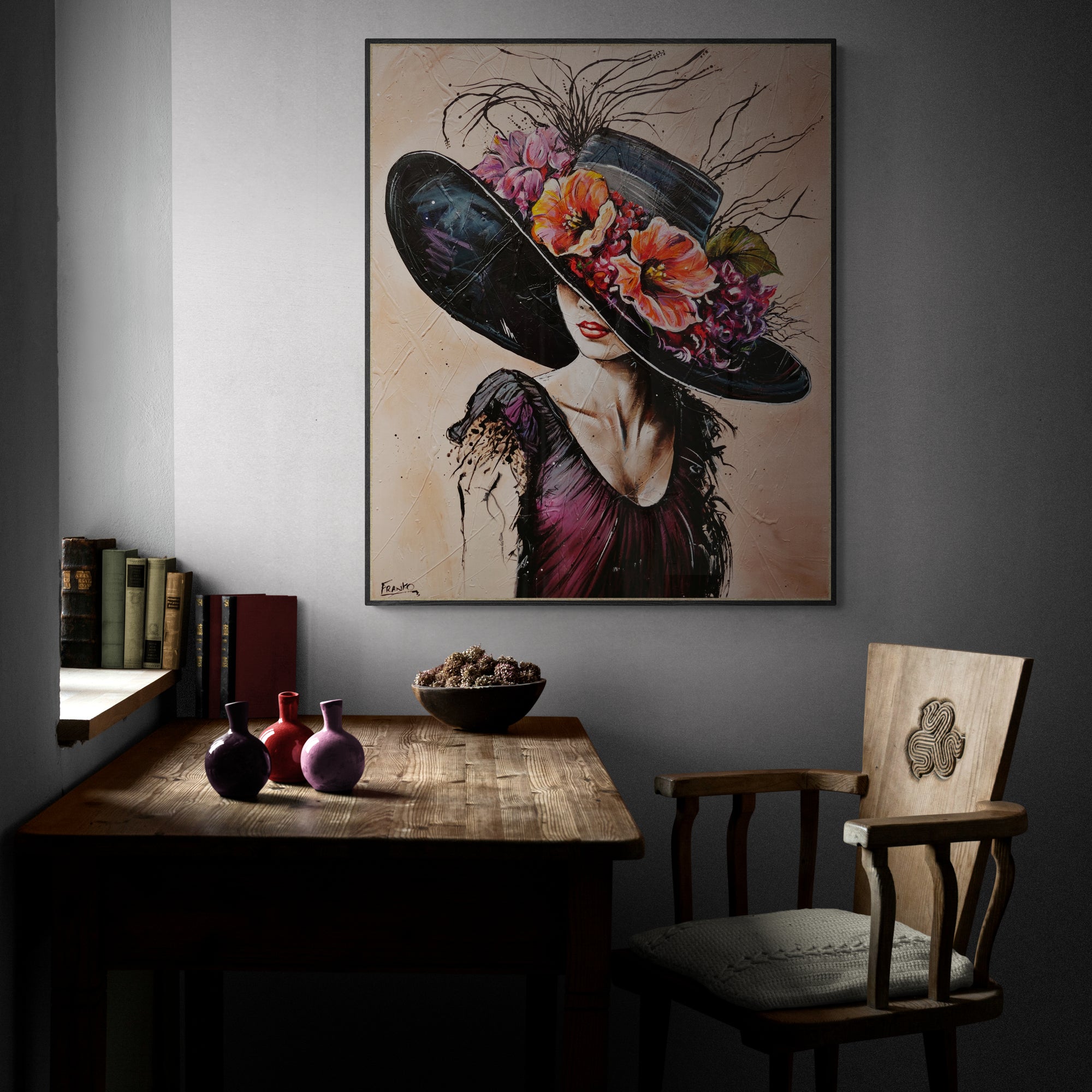 Brittany 120cm x 100cm Flower Hat Abstract Elegance Textured Painting (SOLD)-people-[Franko_Artist]-[The_Block]-[Dream_Homes]-[ideas]-[Grand_Designs]-[Art_Lover]-Franklin Art Studio