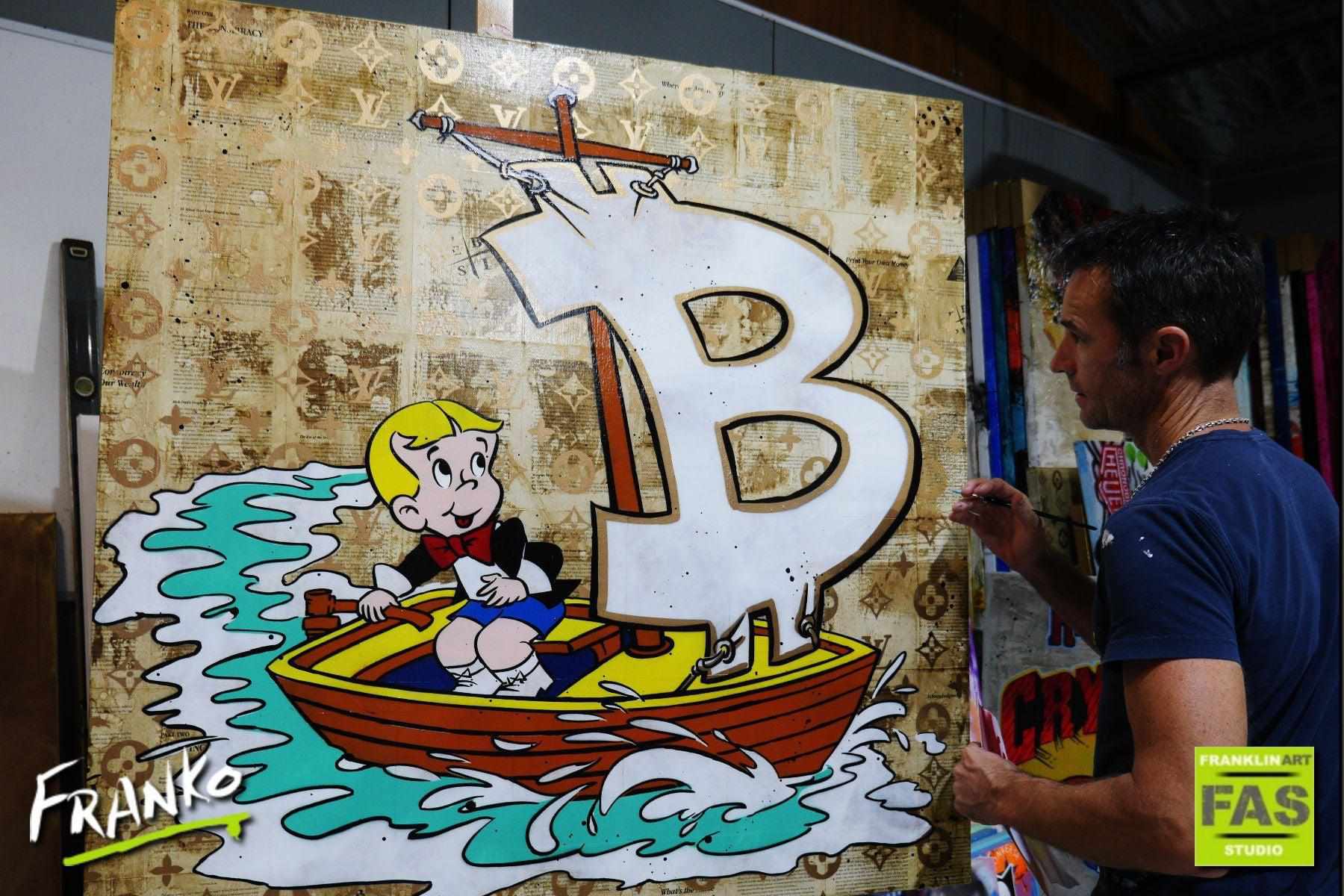 Sail Away 120cm x 120cm Richie Rich Bitcoin (SOLD)-bitcoin themed-[Franko_Artist]-[The_Block]-[Dream_Homes]-[ideas]- [Grand_Designs]-Franklin Art Studio