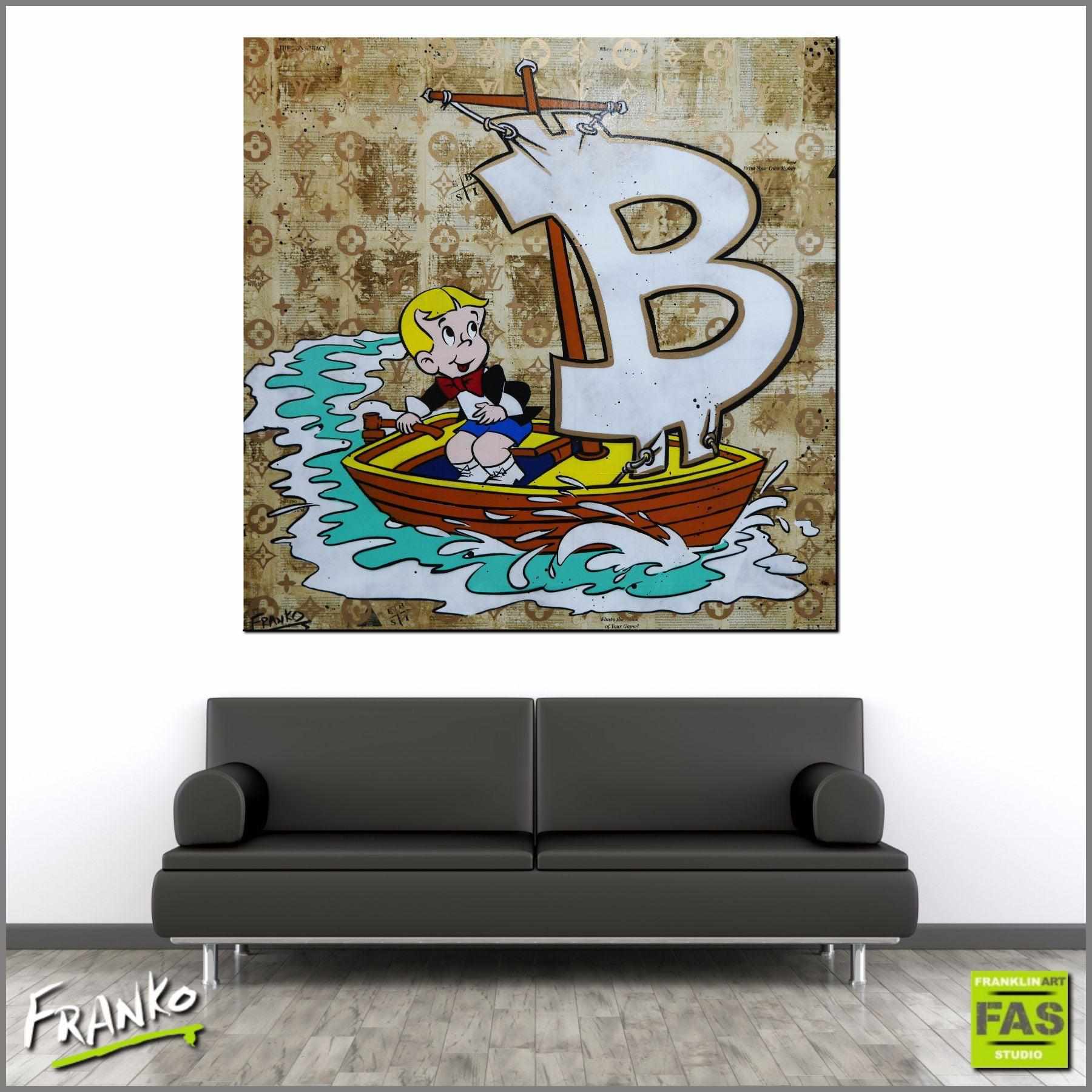 Sail Away 120cm x 120cm Richie Rich Bitcoin (SOLD)-bitcoin themed-[Franko_Artist]-[Australian_artist]-[Gold_Coast]-[Brisbane]-[modern]-[contemporary]-[original]-[Large_artwork]-[The_Block]-[Dream_Homes]-[ideas]-[Grand_Designs]-[Art_Lover]-Franklin Art Studio