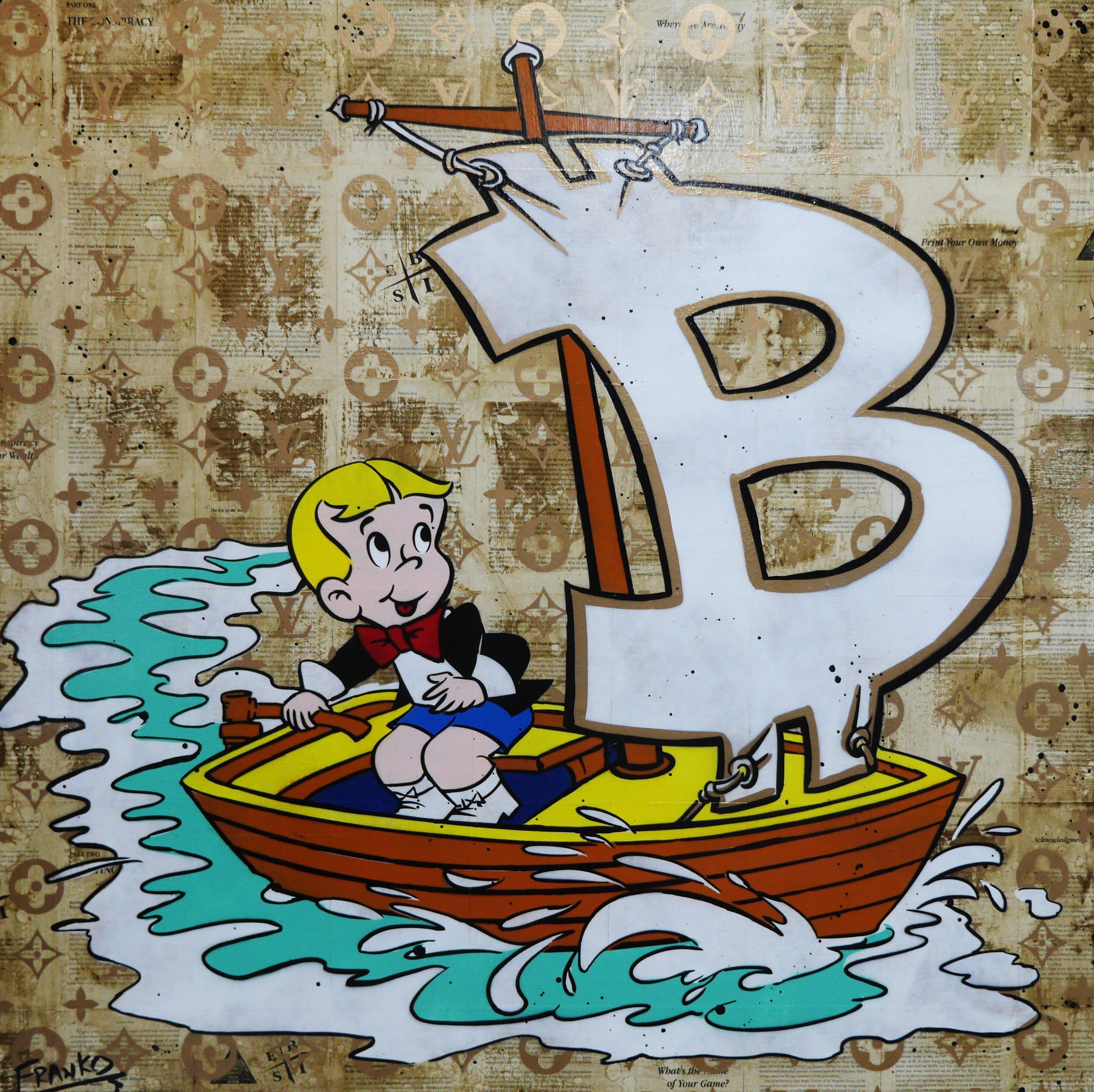 Sail Away 120cm x 120cm Richie Rich Bitcoin (SOLD)-bitcoin themed-[Franko_Artist]-[Australian_artist]-[Gold_Coast]-[Brisbane]-[modern]-[contemporary]-[original]-[Large_artwork]-Franklin Art Studio