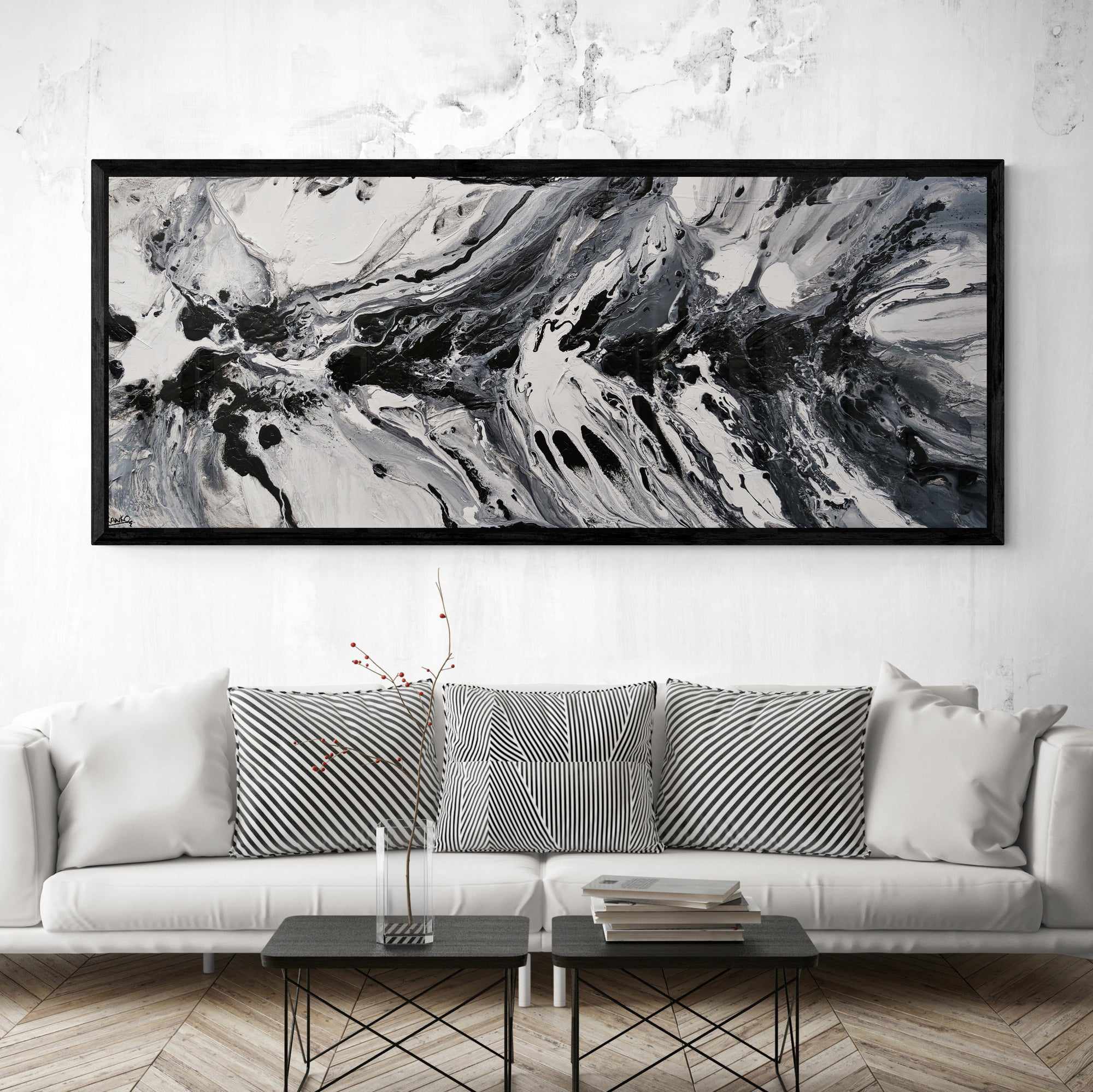 Salt and Nero 200cm x 80cm White Black Textured Abstract Painting (SOLD)-Abstract-[Franko_Artist]-[The_Block]-[Dream_Homes]-[ideas]- [Grand_Designs]-Franklin Art Studio