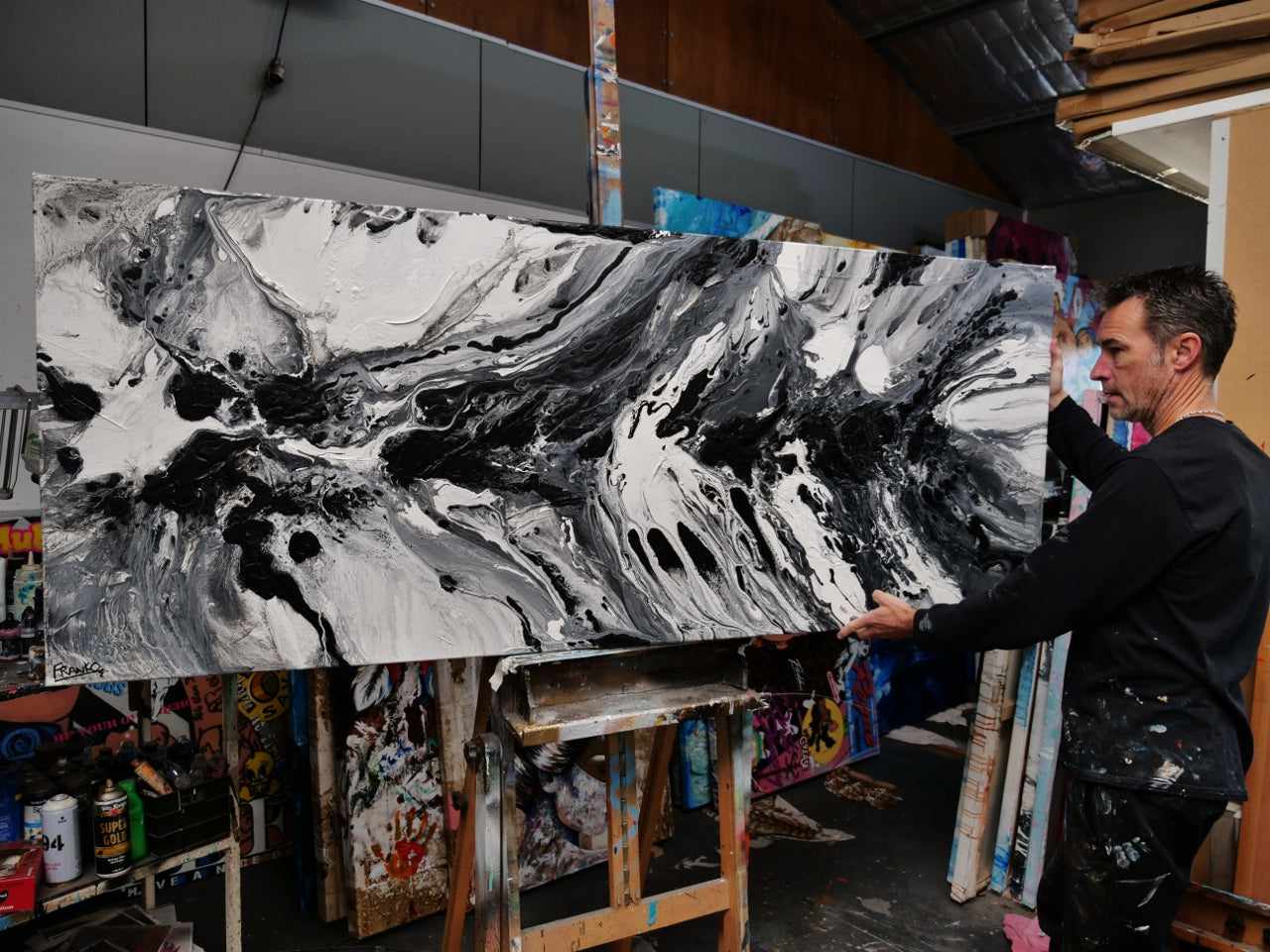 Salt and Nero 200cm x 80cm White Black Textured Abstract Painting (SOLD)-Abstract-[Franko_Artist]-[The_Block]-[Dream_Homes]-[ideas]-[Grand_Designs]-[Art_Lover]-Franklin Art Studio