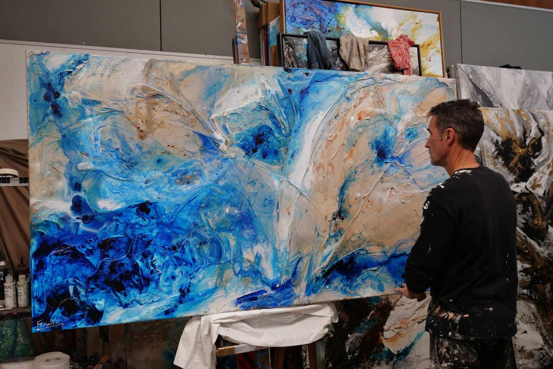 Sapphire Casbah 190cm x 100cm Blue Cream Textured Abstract Painting (SOLD NATALIE)-Abstract-[Franko_Artist]-[The_Block]-[Dream_Homes]-[ideas]-[Grand_Designs]-[Art_Lover]-Franklin Art Studio
