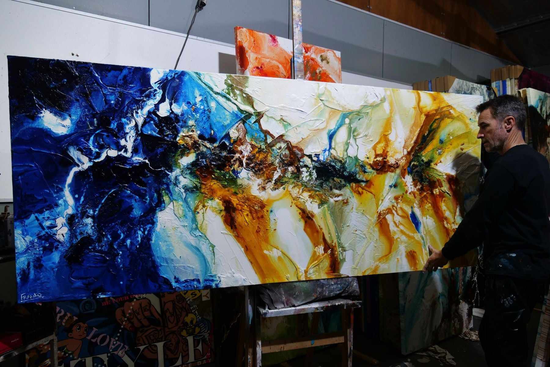Sapphire Coast 240cm x 100cm Blue Sienna Textured Abstract Painting (SOLD)-Abstract-[Franko_Artist]-[The_Block]-[Dream_Homes]-[ideas]-[Grand_Designs]-[Art_Lover]-Franklin Art Studio