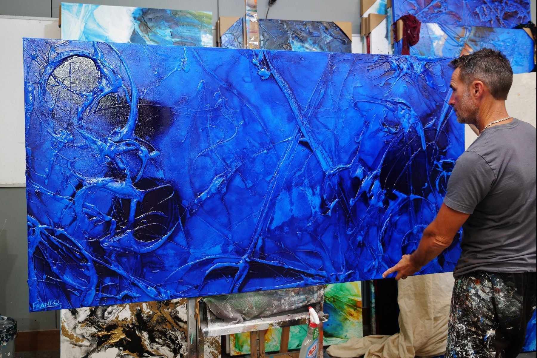 Sapphire Icon 190cm x 100cm Blue Ink Textured Abstract Painting (SOLD)-Abstract-[Franko_Artist]-[The_Block]-[Dream_Homes]-[ideas]-[Grand_Designs]-[Art_Lover]-Franklin Art Studio