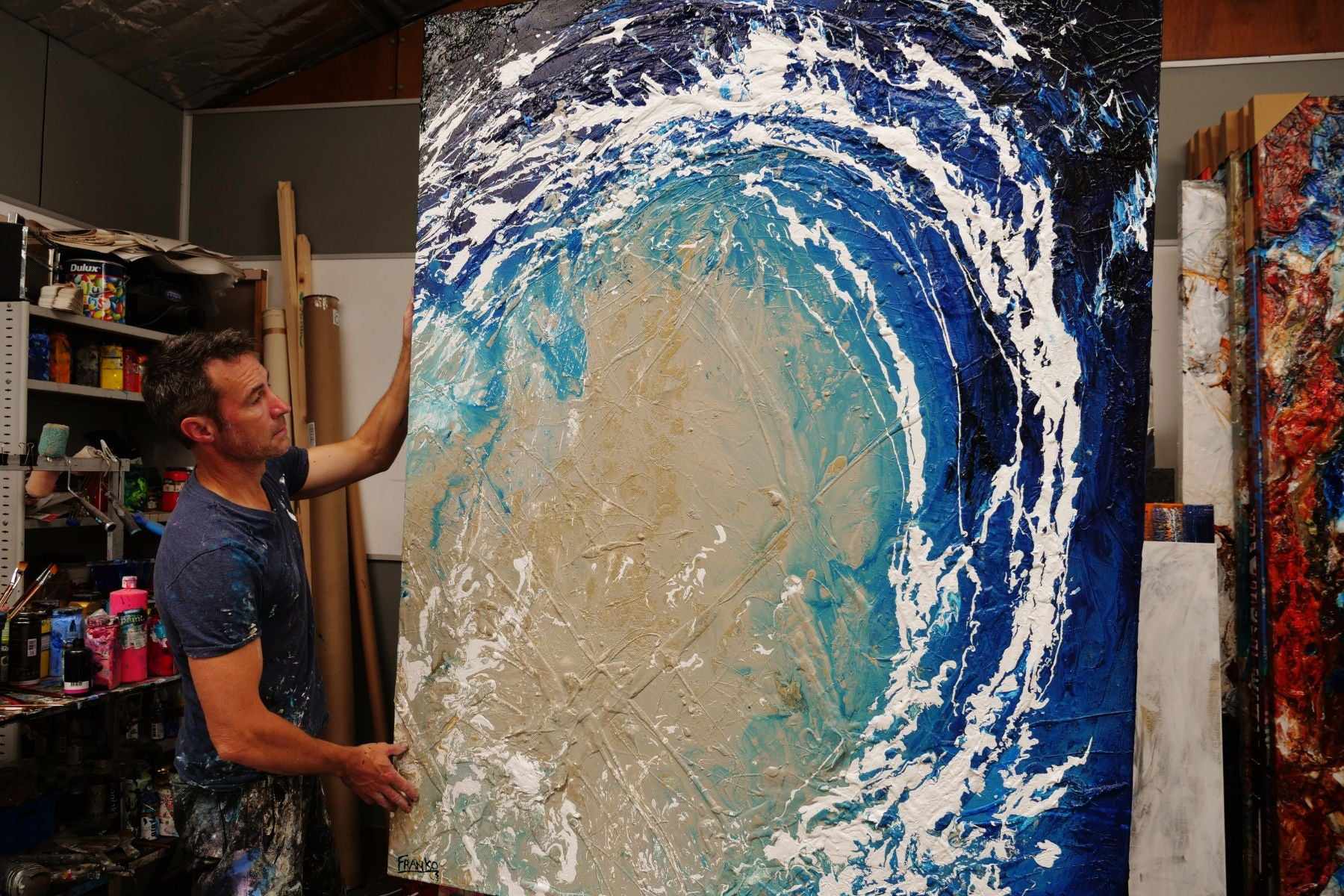 Sapphire Reef 140cm x 180cm Cream Blue Textured Abstract Painting (SOLD)-Abstract-[Franko_Artist]-[The_Block]-[Dream_Homes]-[ideas]- [Grand_Designs]-Franklin Art Studio