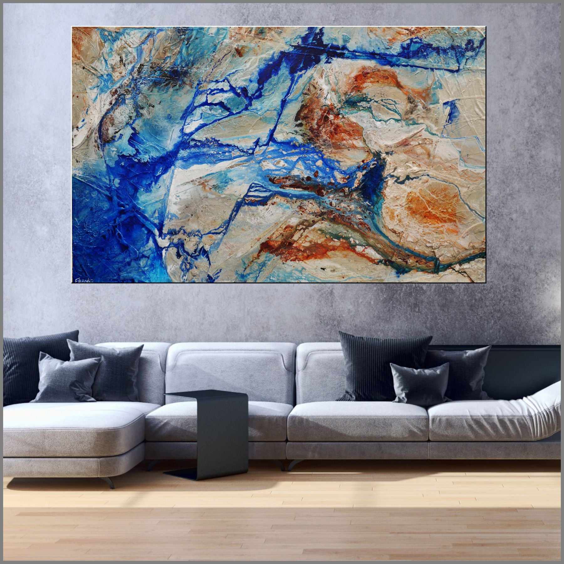Sapphire Rust Outback 280cm x 170cm Blue Cream Textured Abstract Painting (SOLD)-Abstract-[Franko_Artist]-[Australian_artist]-[Gold_Coast]-[Brisbane]-[modern]-[contemporary]-[original]-[Large_artwork]-[The_Block]-[Dream_Homes]-[ideas]-[Grand_Designs]-[Art_Lover]-Franklin Art Studio